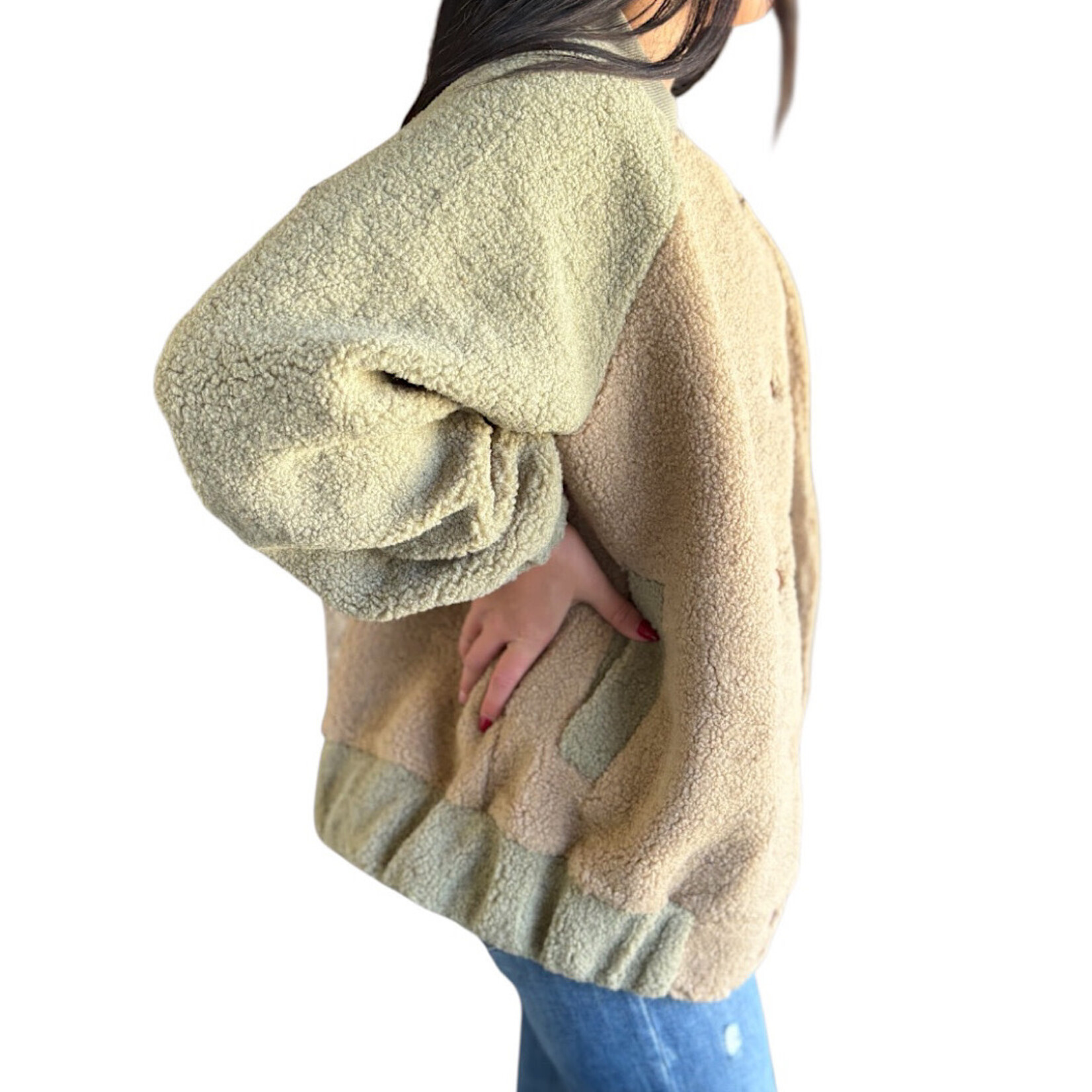 Sage Raglan Sleeve Oversized Color Block Fleece Jacket