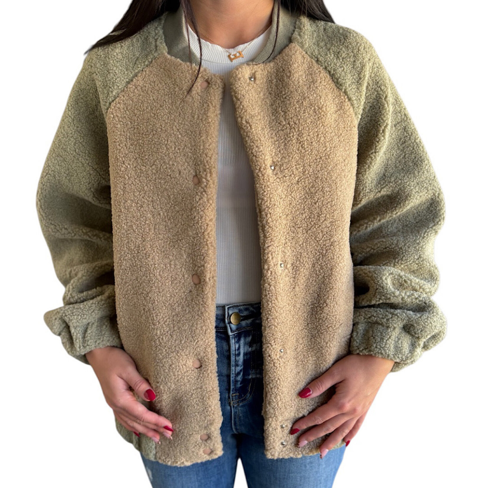 Sage Raglan Sleeve Oversized Color Block Fleece Jacket