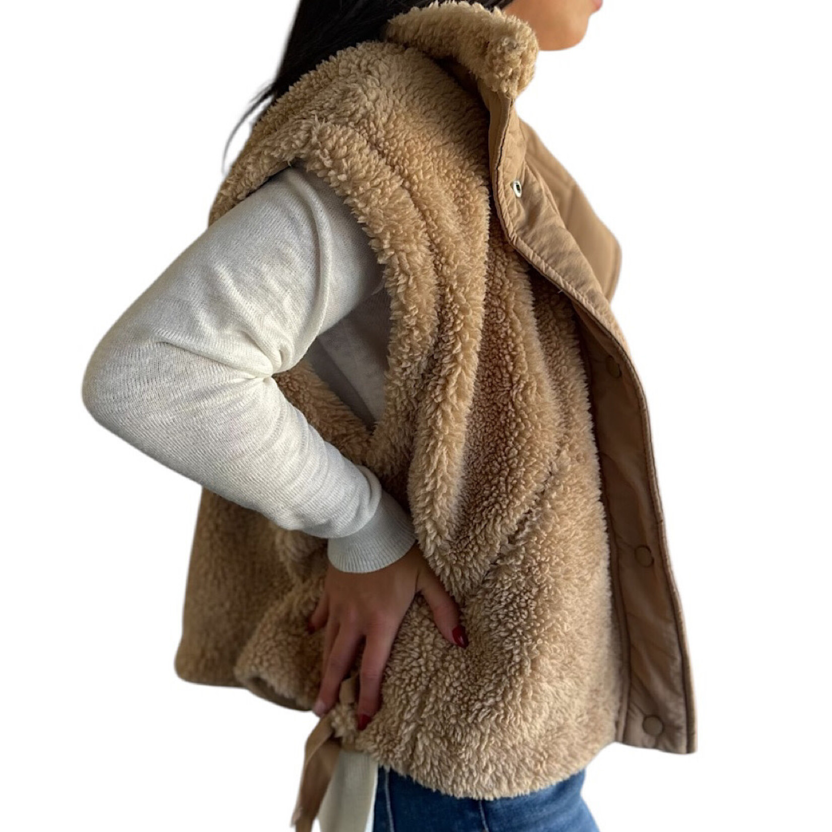 Beige Sherpa Vest with Tie Up Side Detail