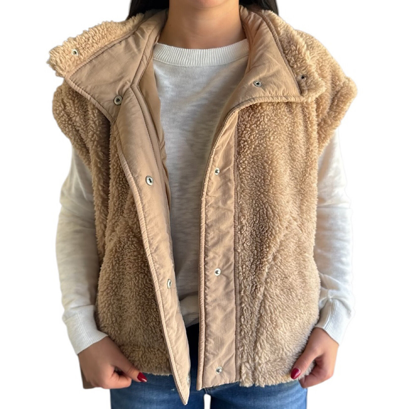 Beige Sherpa Vest with Tie Up Side Detail