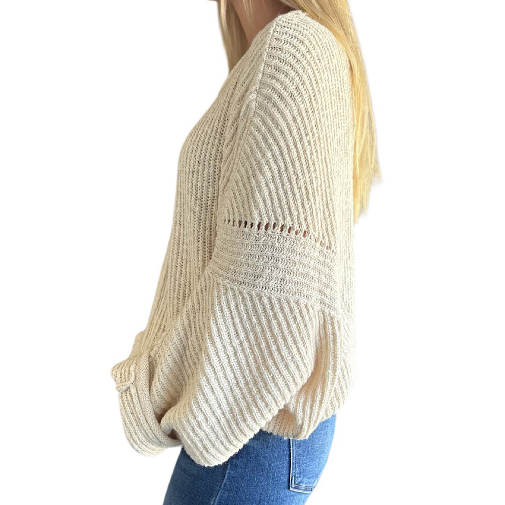 Cream Ribbed Drop Sleeve Sweater