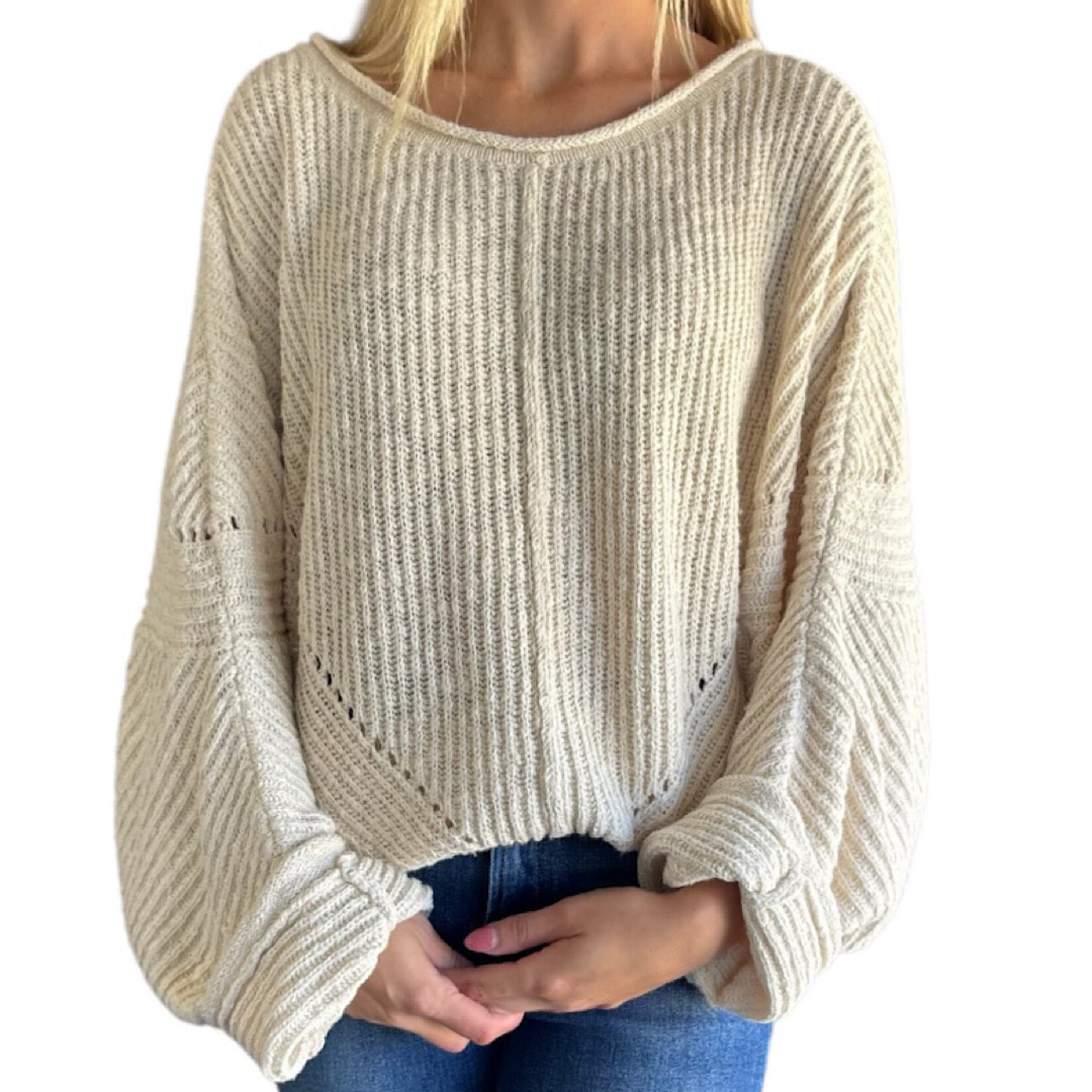 Cream Ribbed Drop Sleeve Sweater