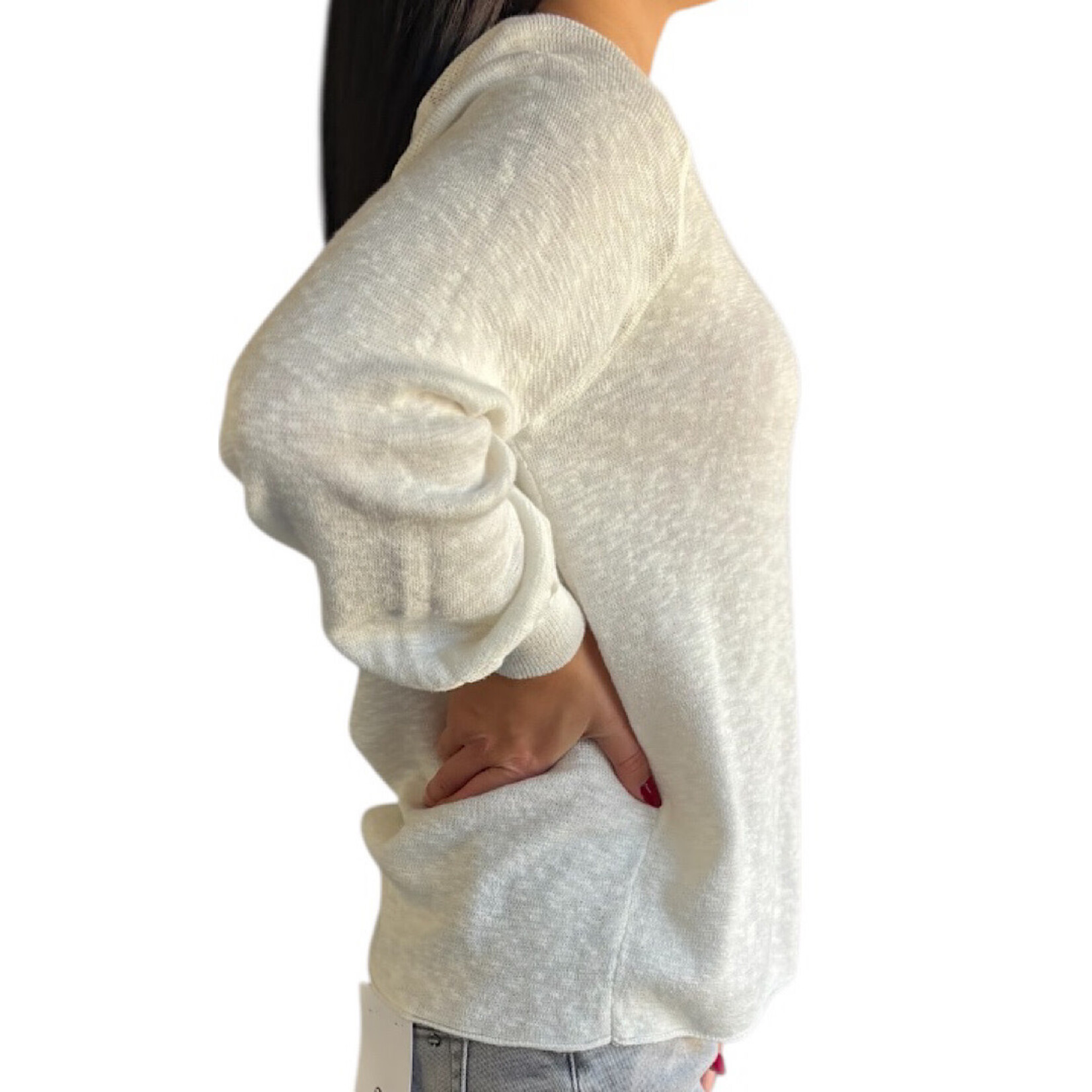 Ivory Raglan Sweater with Ribbed Neckline 3/4 Sleeve