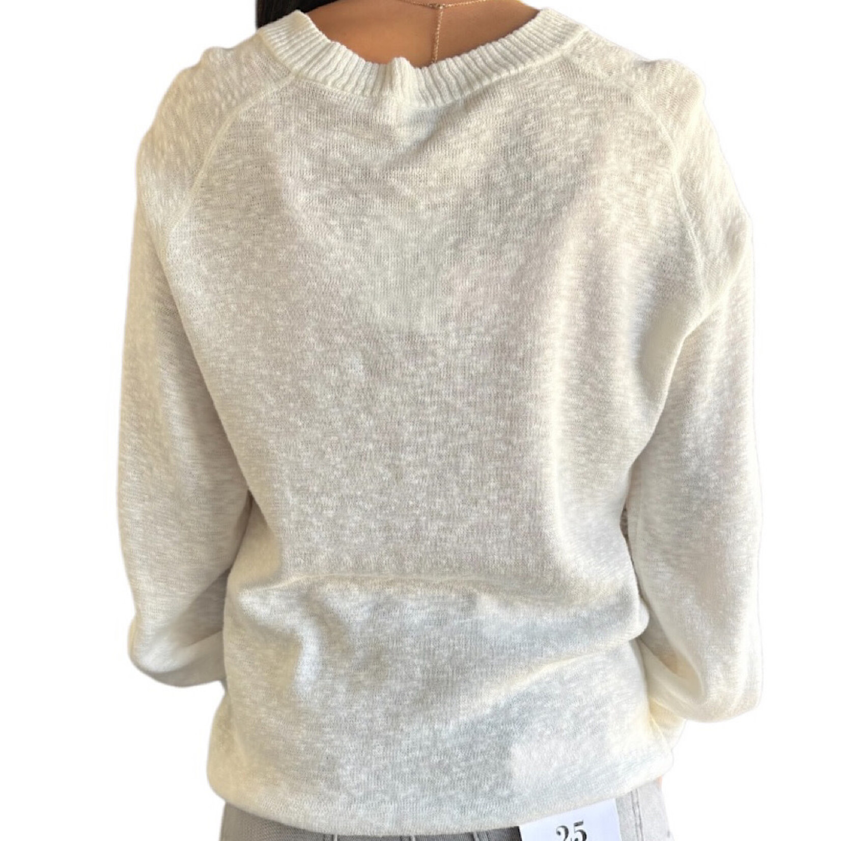 Ivory Raglan Sweater with Ribbed Neckline 3/4 Sleeve