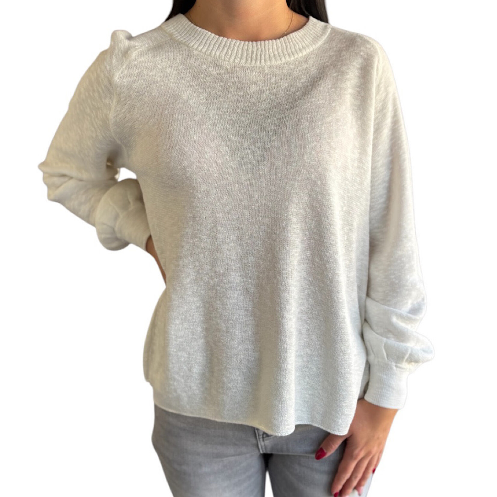 Ivory Raglan Sweater with Ribbed Neckline 3/4 Sleeve