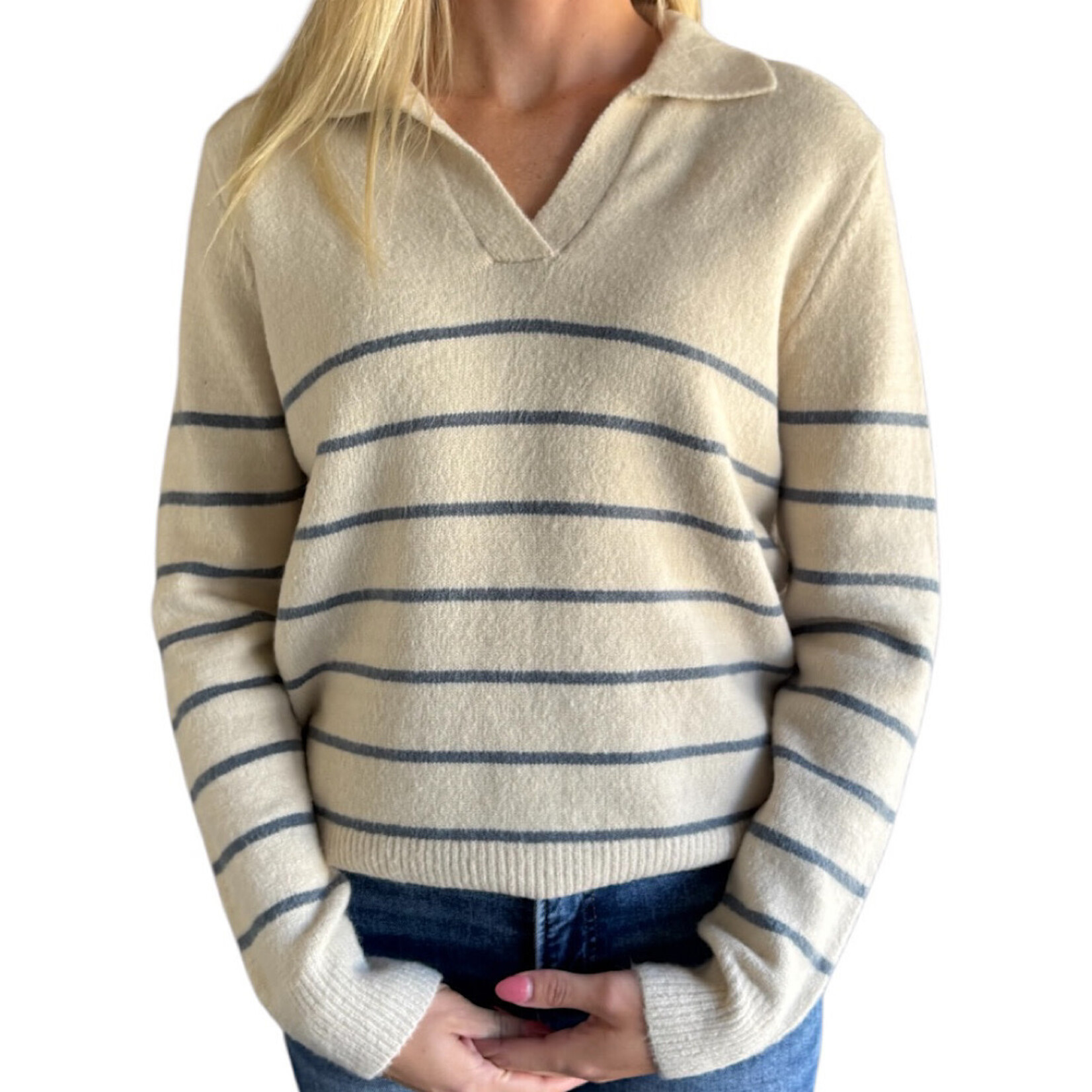 Blue Collared Stripe Sweater Top