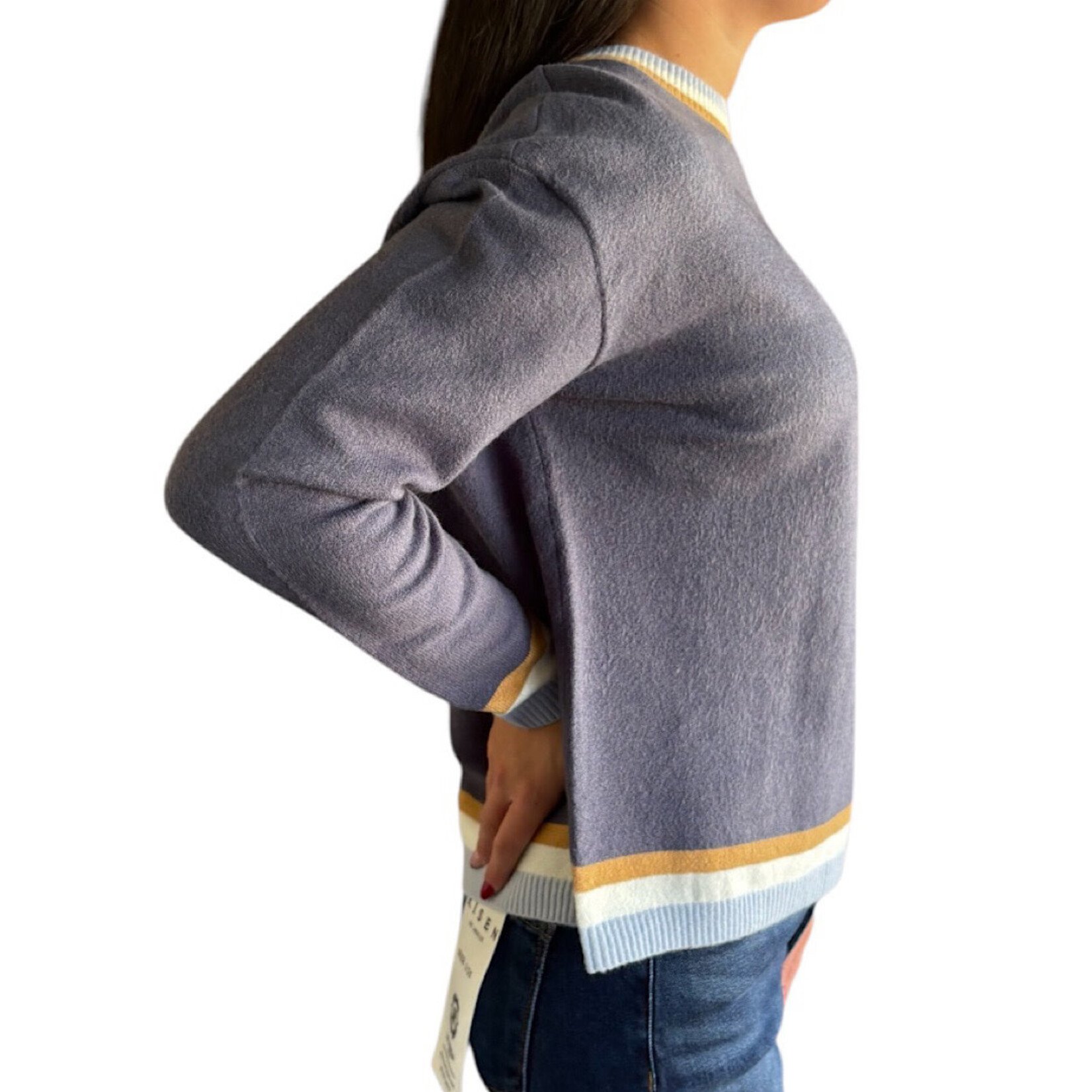 Blue Sweater with Stripe Detail at Cuff and Hemline