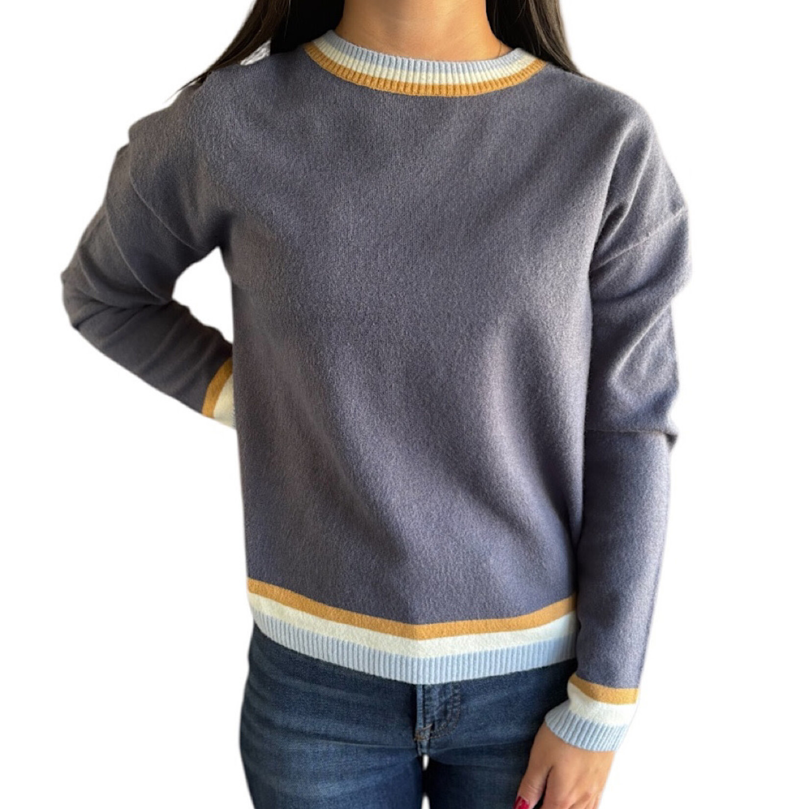 Blue Sweater with Stripe Detail at Cuff and Hemline