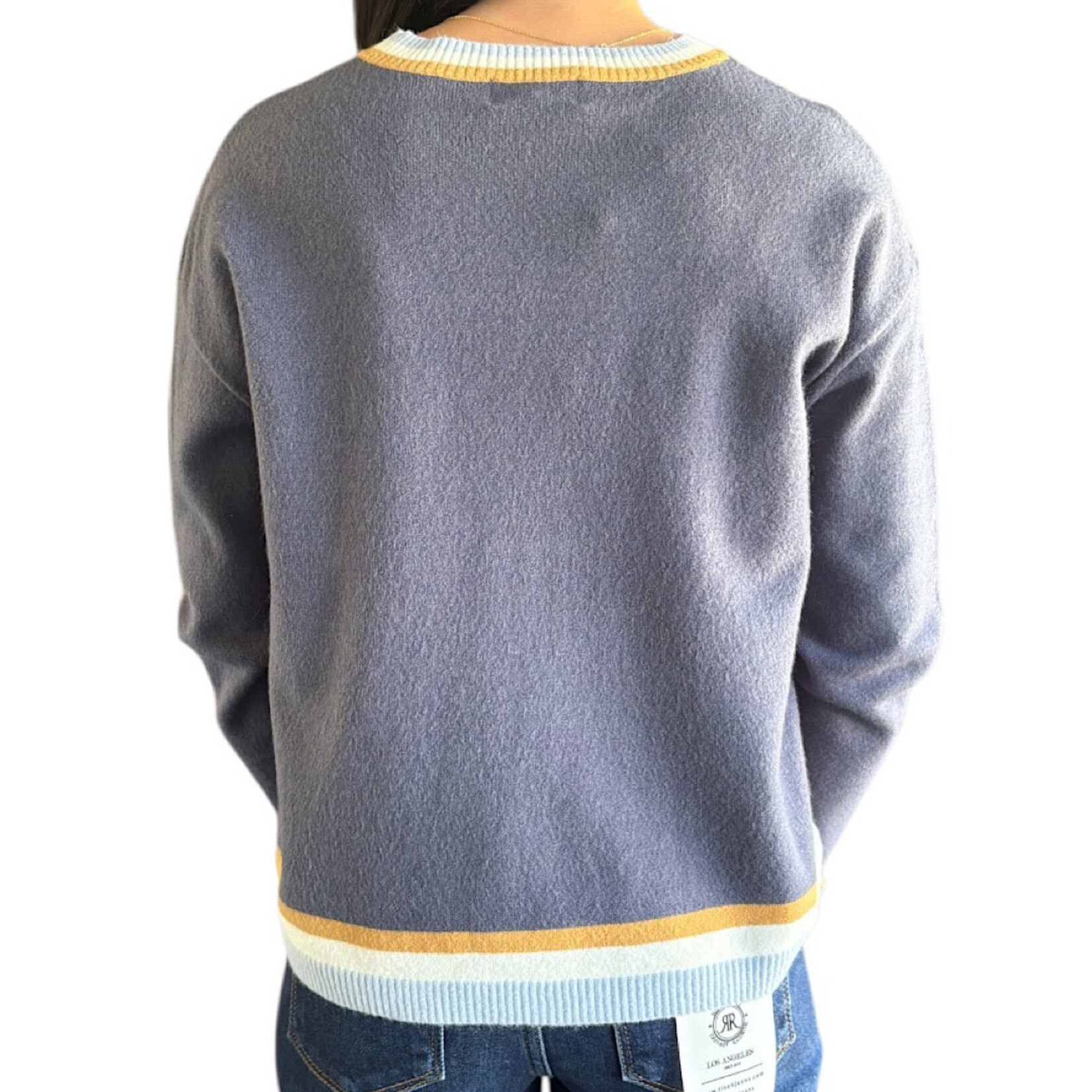 Blue Sweater with Stripe Detail at Cuff and Hemline