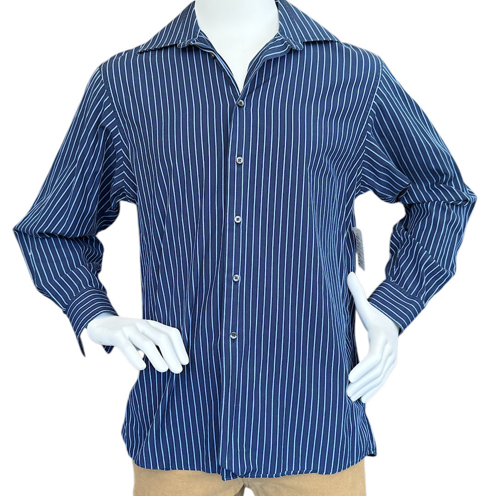Navy Striped Long Sleeve Button Down Size Large- RF