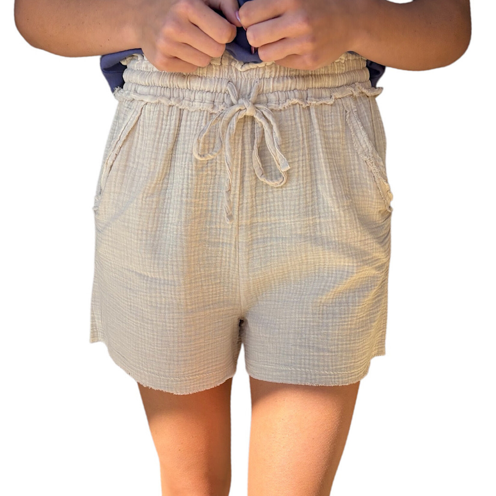 Sand Beige Washed Double Gauze Frayed Hem Shorts