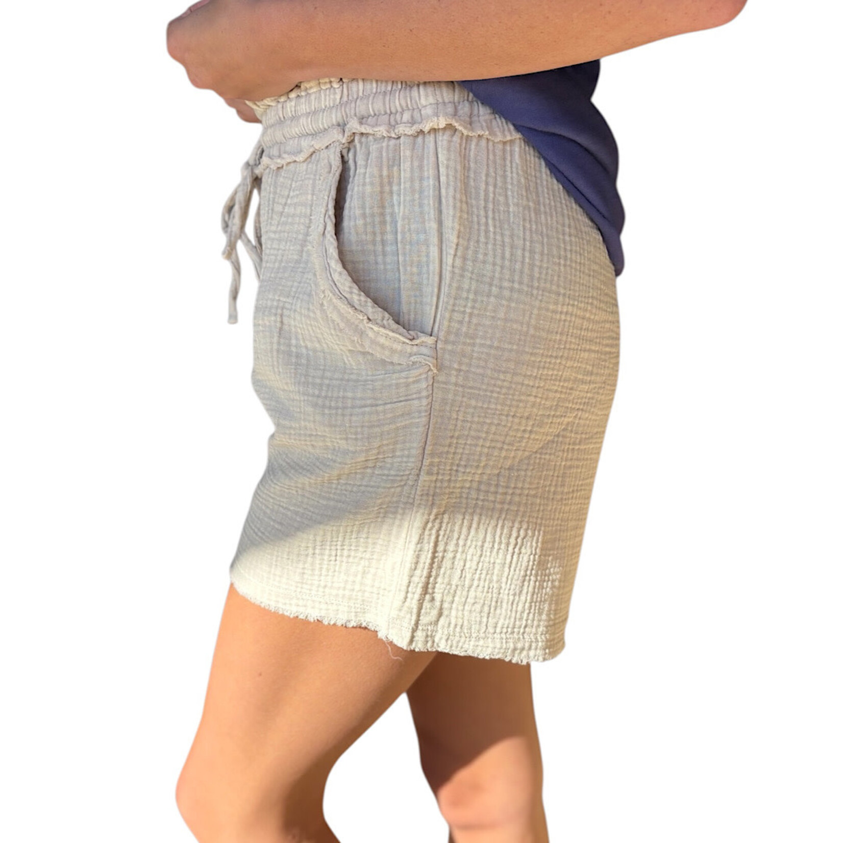 Sand Beige Washed Double Gauze Frayed Hem Shorts