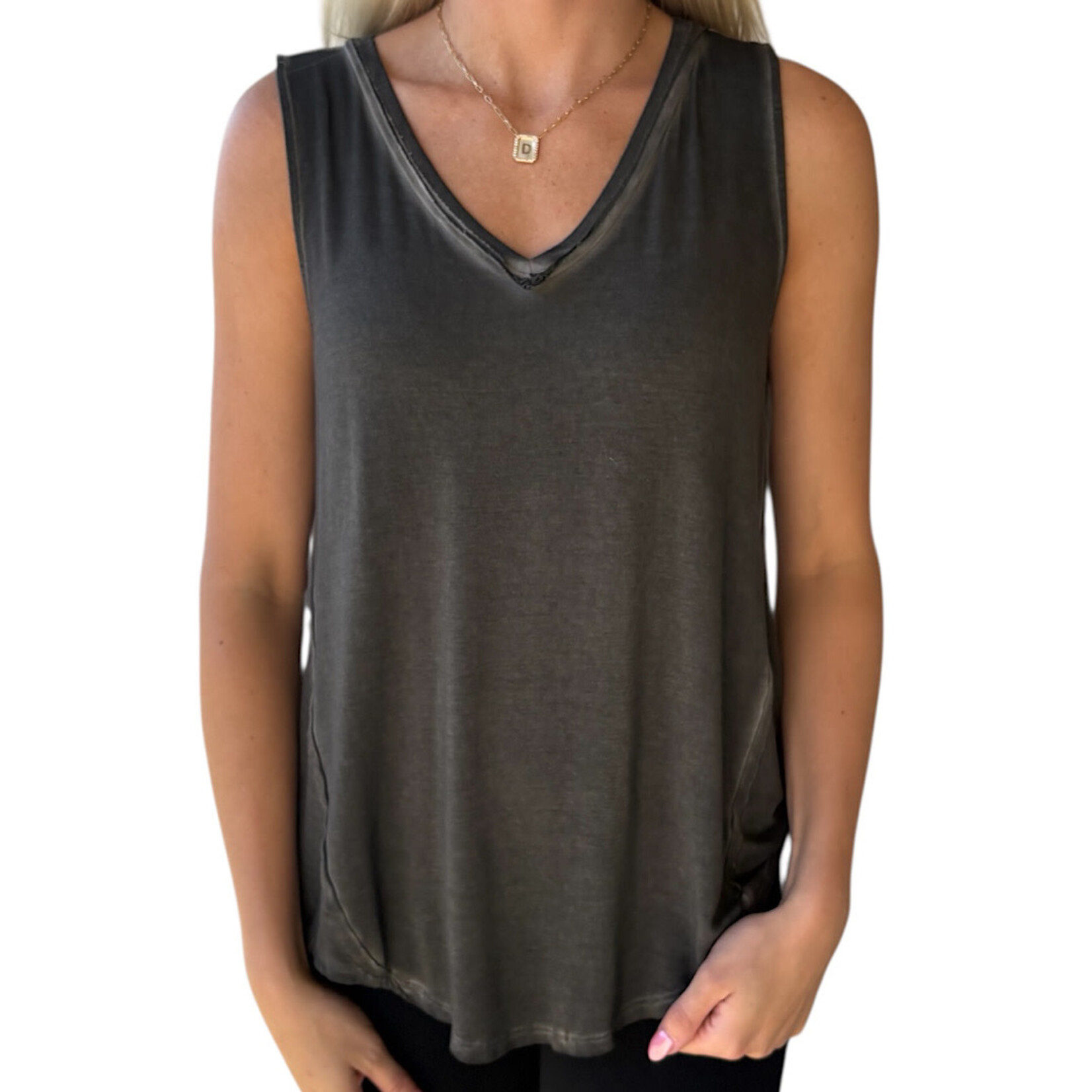 Ash Black Washed Sleeveless V-Neck Top with Hi-Low Hem