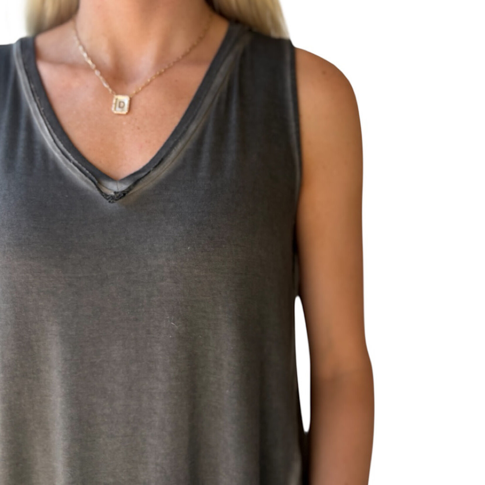 Ash Black Washed Sleeveless V-Neck Top with Hi-Low Hem