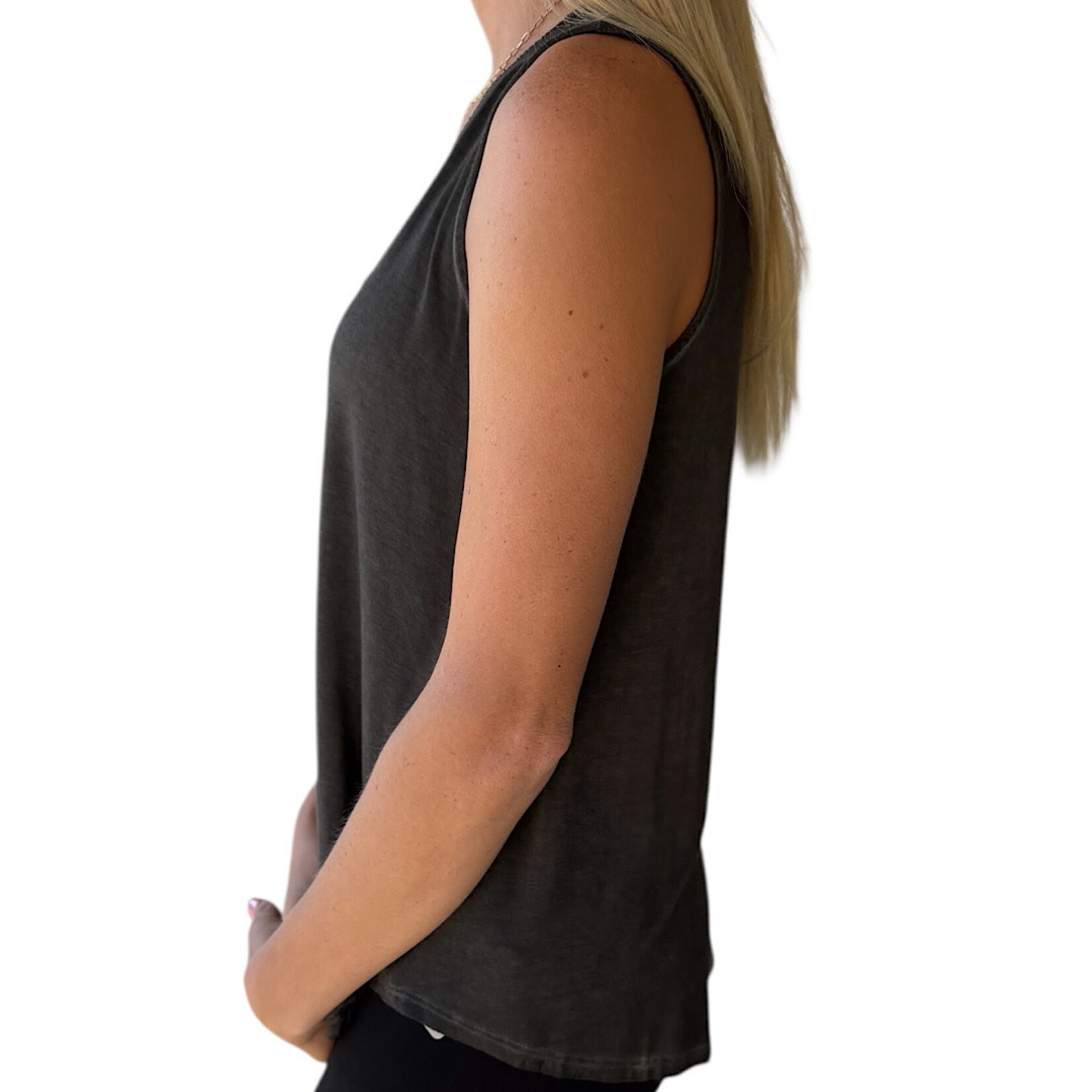 Ash Black Washed Sleeveless V-Neck Top with Hi-Low Hem