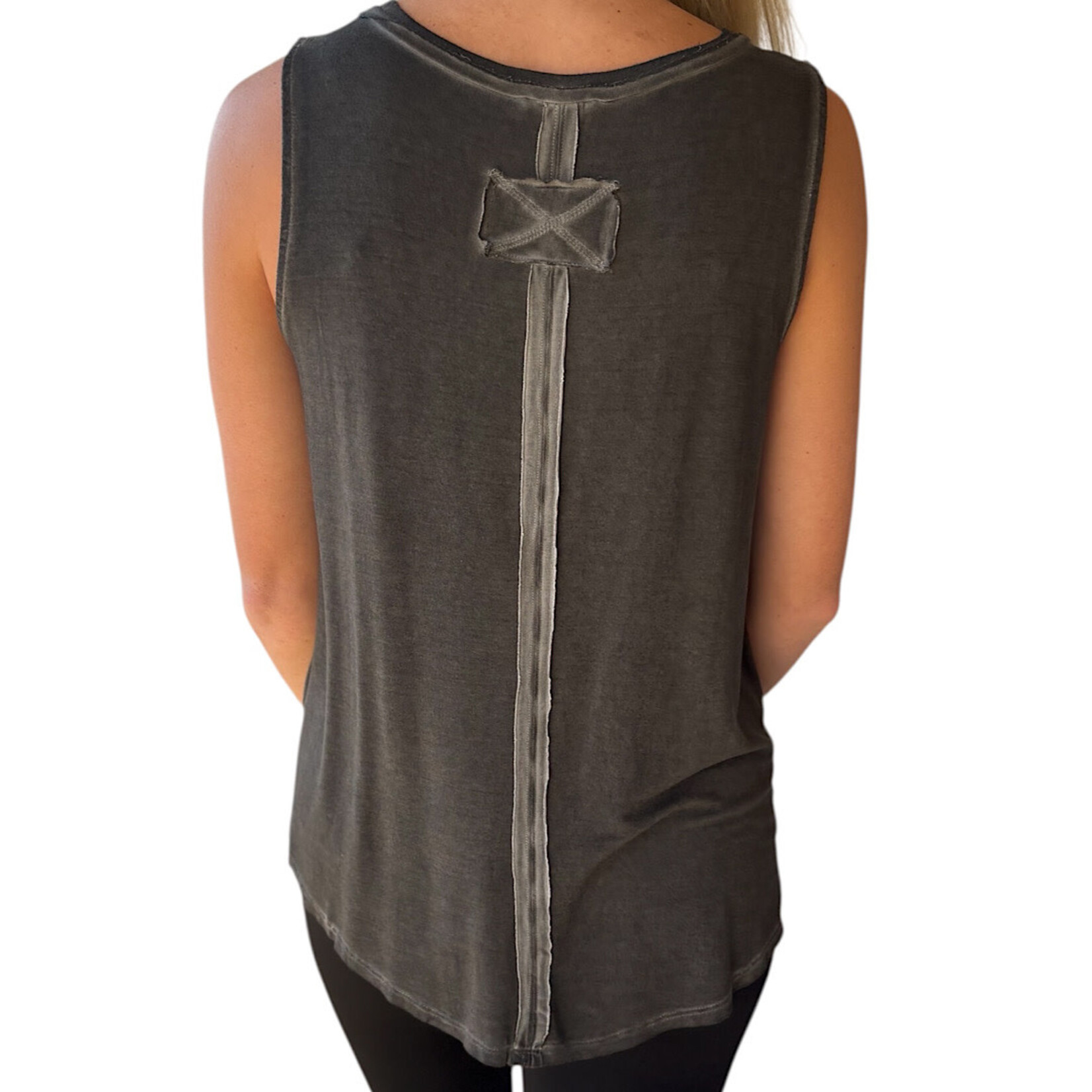 Ash Black Washed Sleeveless V-Neck Top with Hi-Low Hem