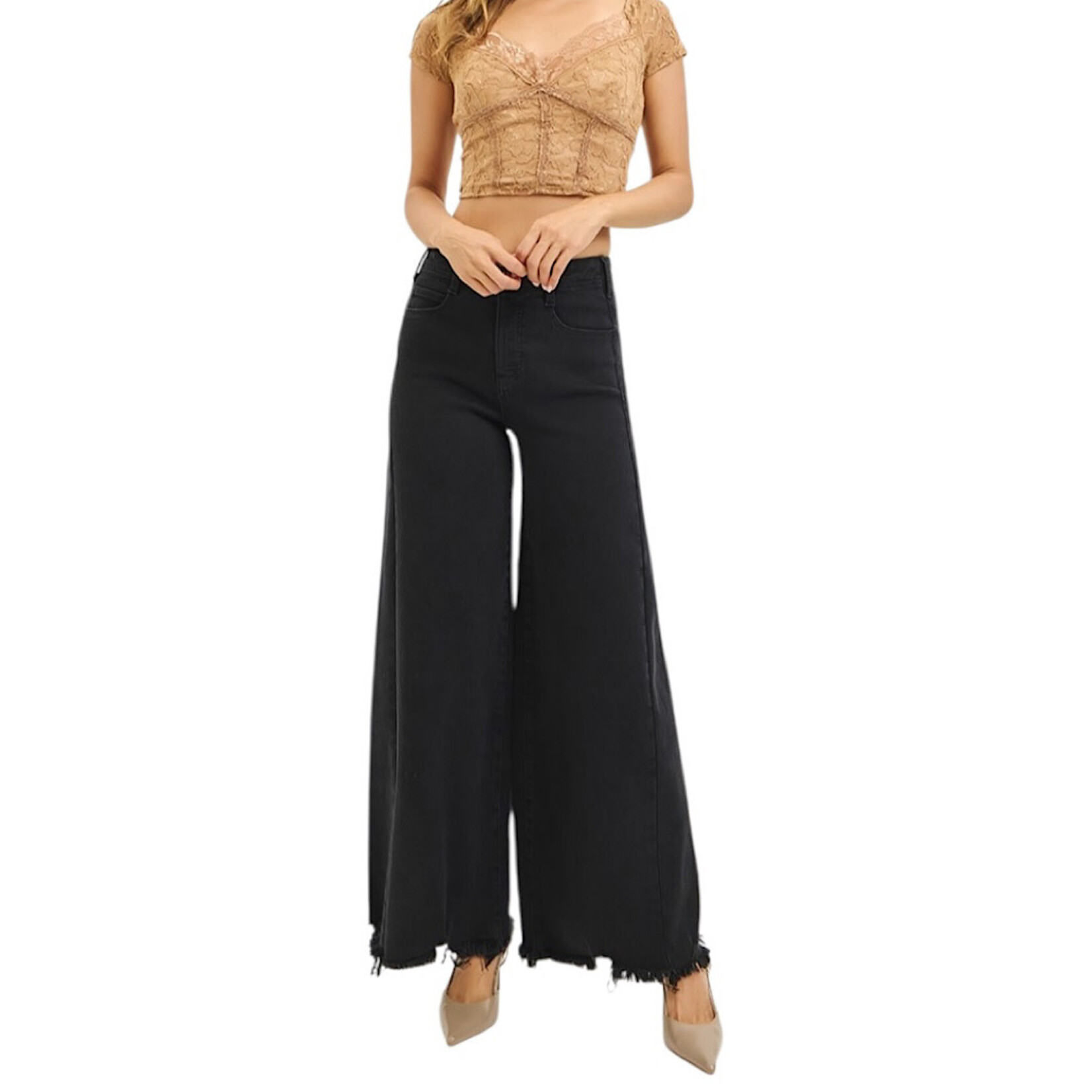 Risen PW21277 TC High Rise Palazzo Leg with Frayed Hem Jeans