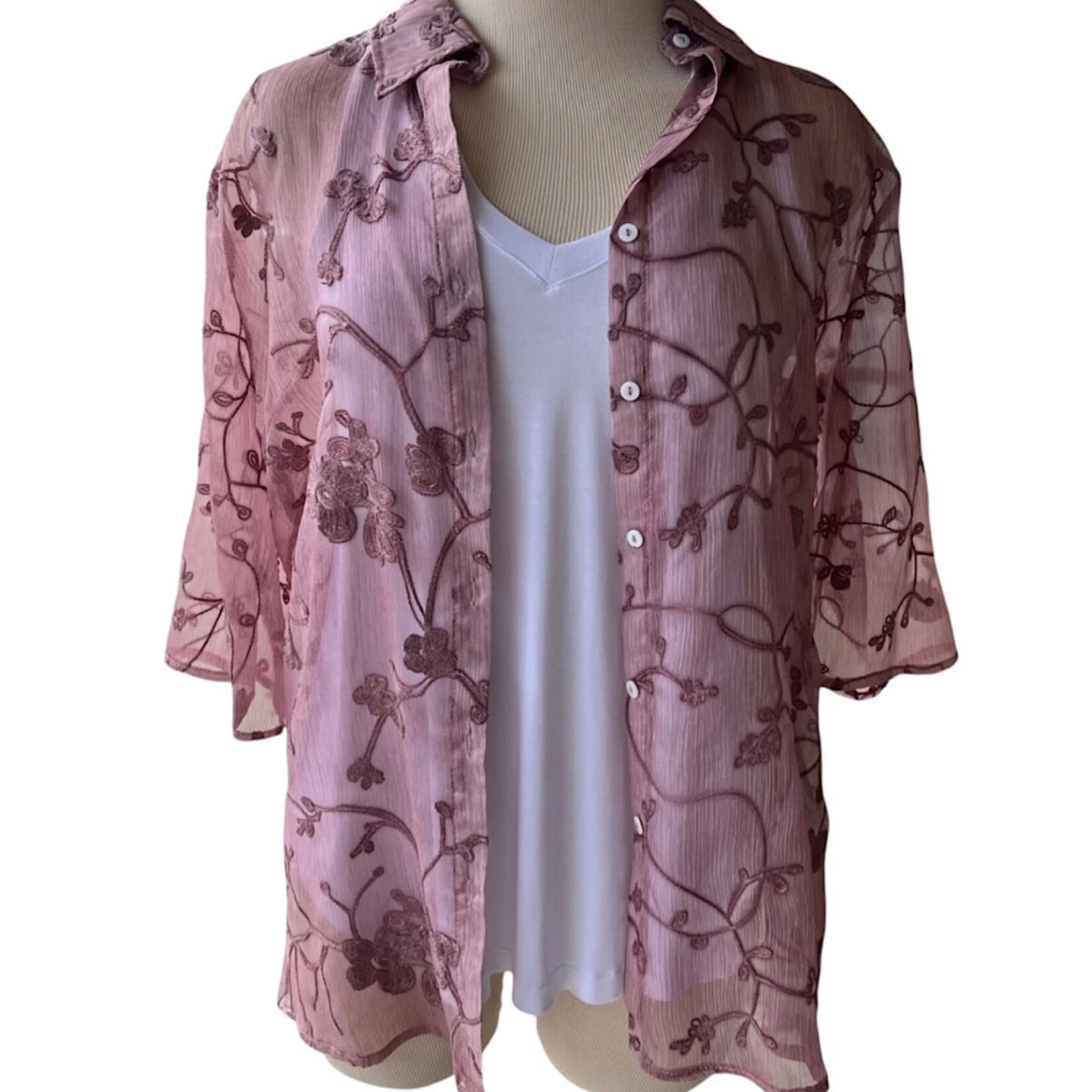 Mauve Embroidered Organza Shirt With 3/4 Sleeves