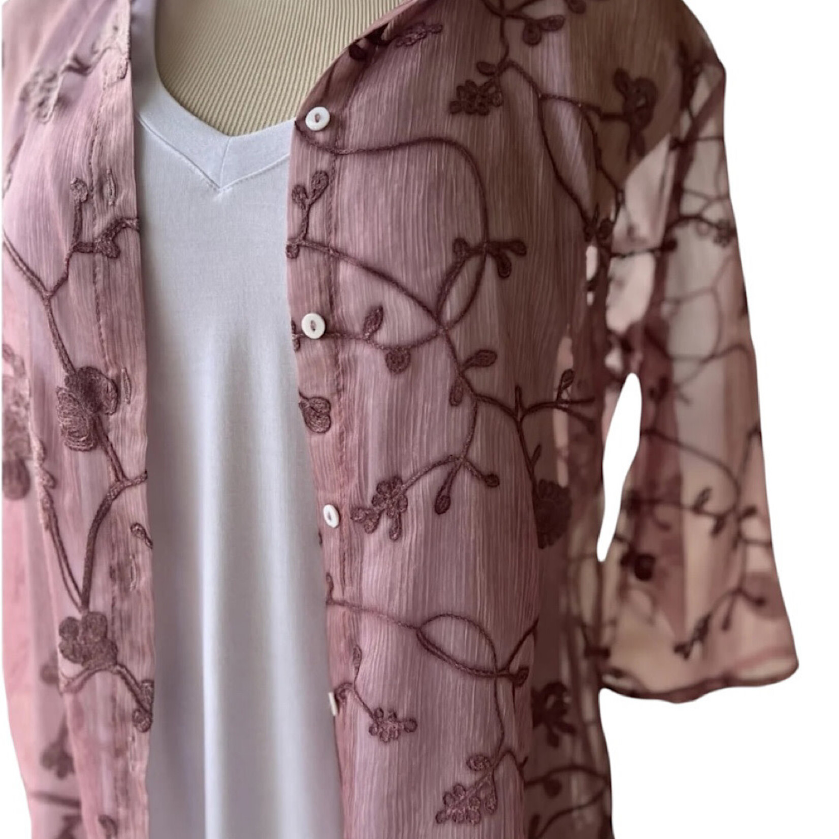 Mauve Embroidered Organza Shirt With 3/4 Sleeves
