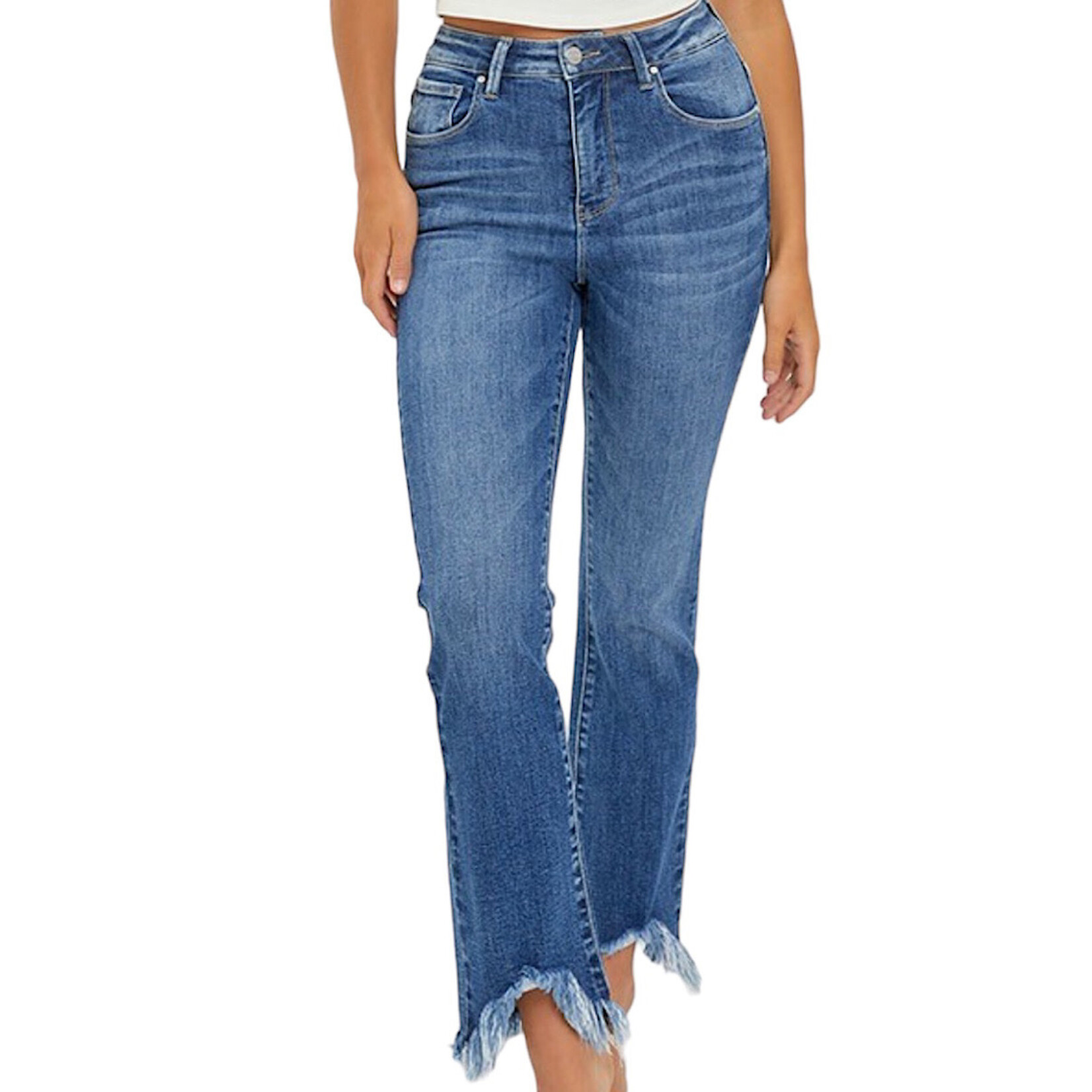 RISEN RDP5599 Medium H/R Fray Hem Ankle Bootcut Jeans