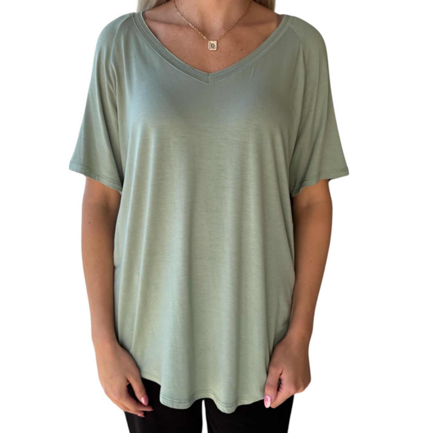 Sage Green V-Neck Oversized Relaxed Fit Tee