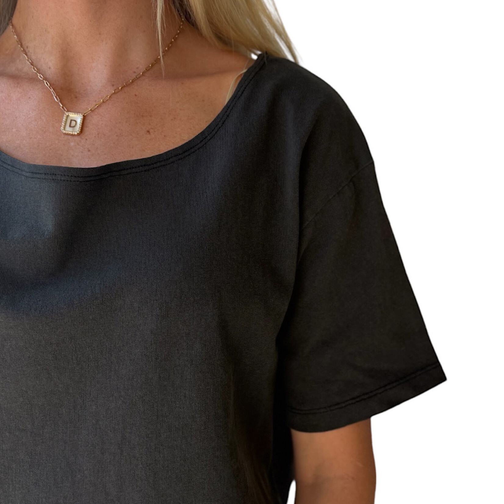 Black Boatneck Short Sleeve Basic Tee