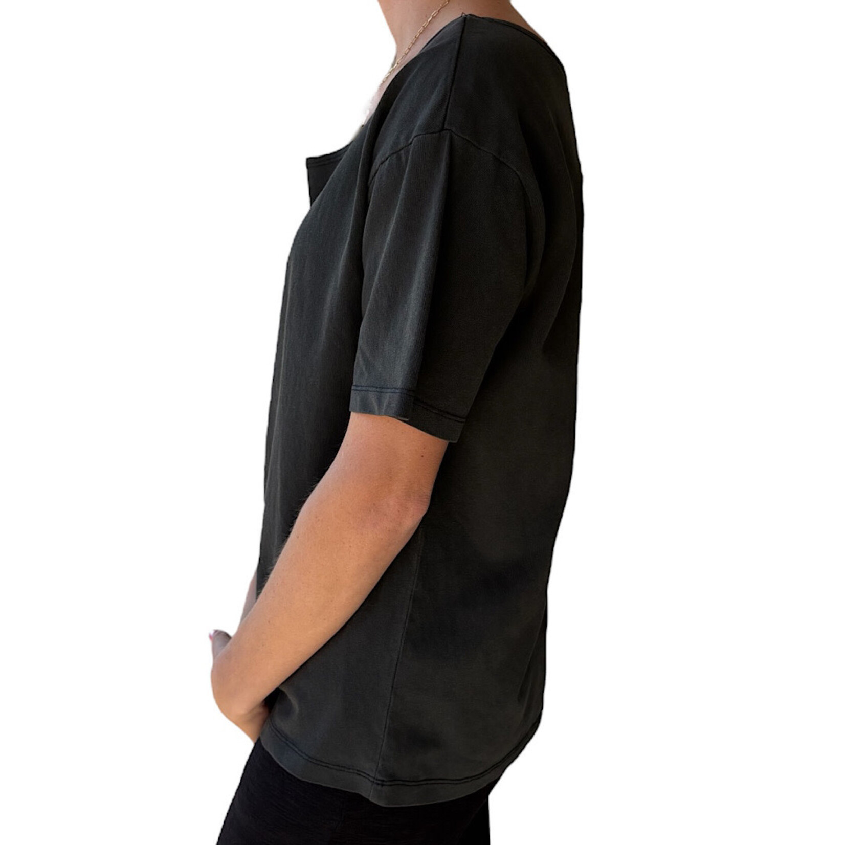 Black Boatneck Short Sleeve Basic Tee