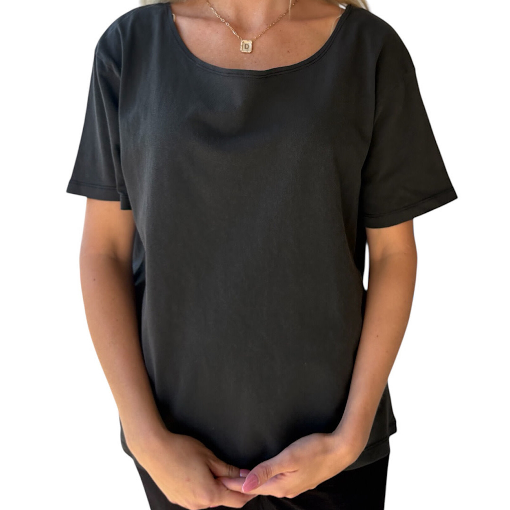 Black Boatneck Short Sleeve Basic Tee
