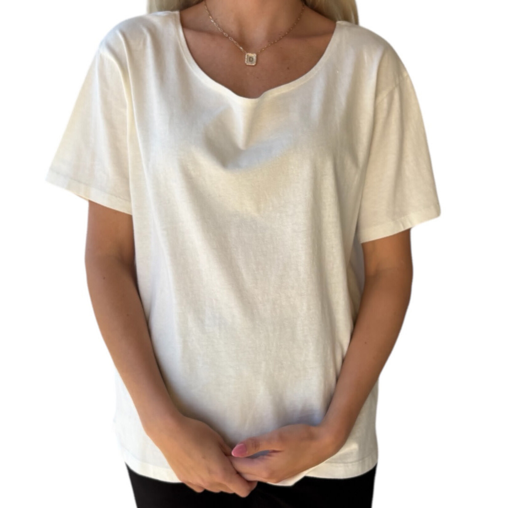 Off White Boatneck Short Sleeve Basic Tee