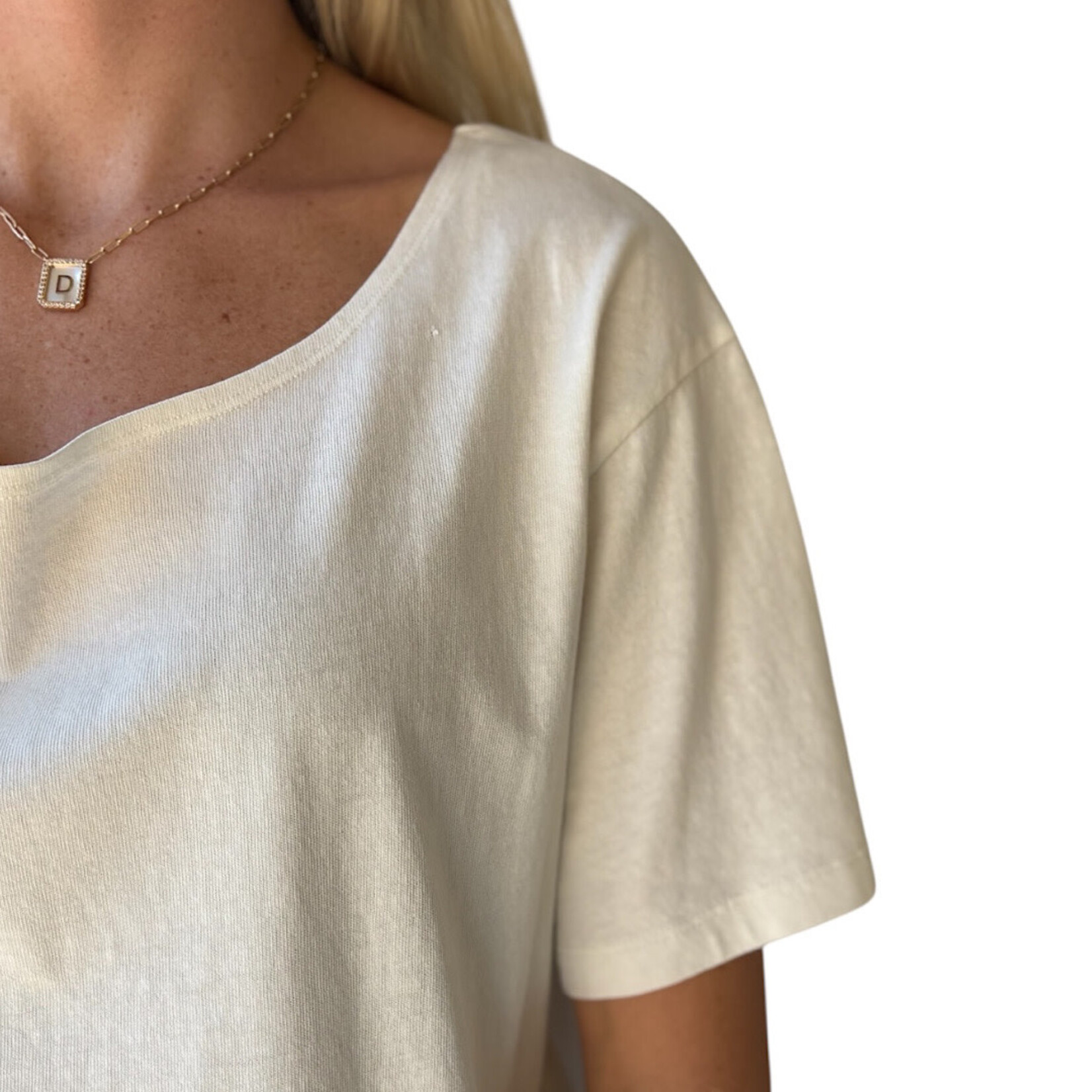 Off White Boatneck Short Sleeve Basic Tee