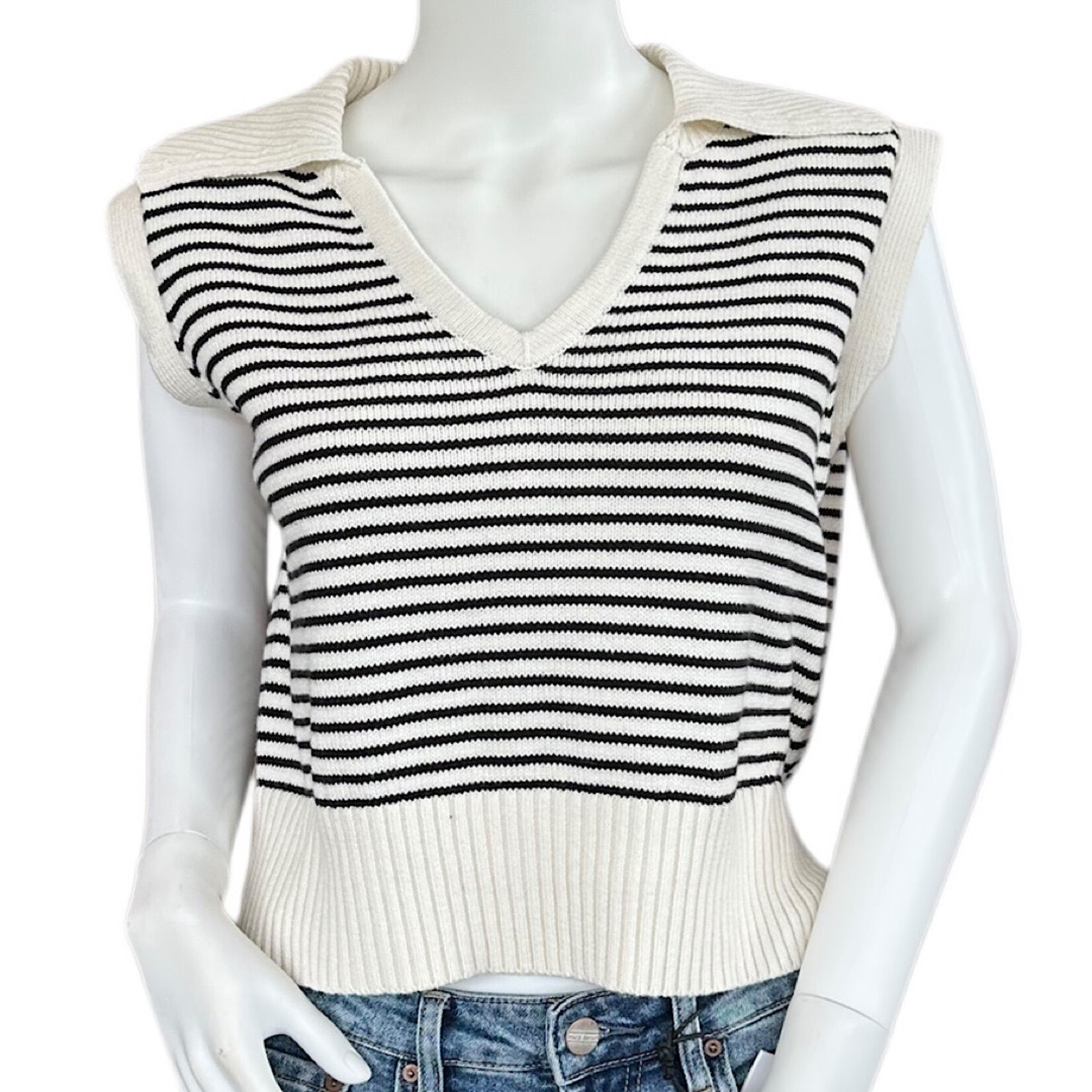 Off White Striped Knit Collared Sleeveless Top