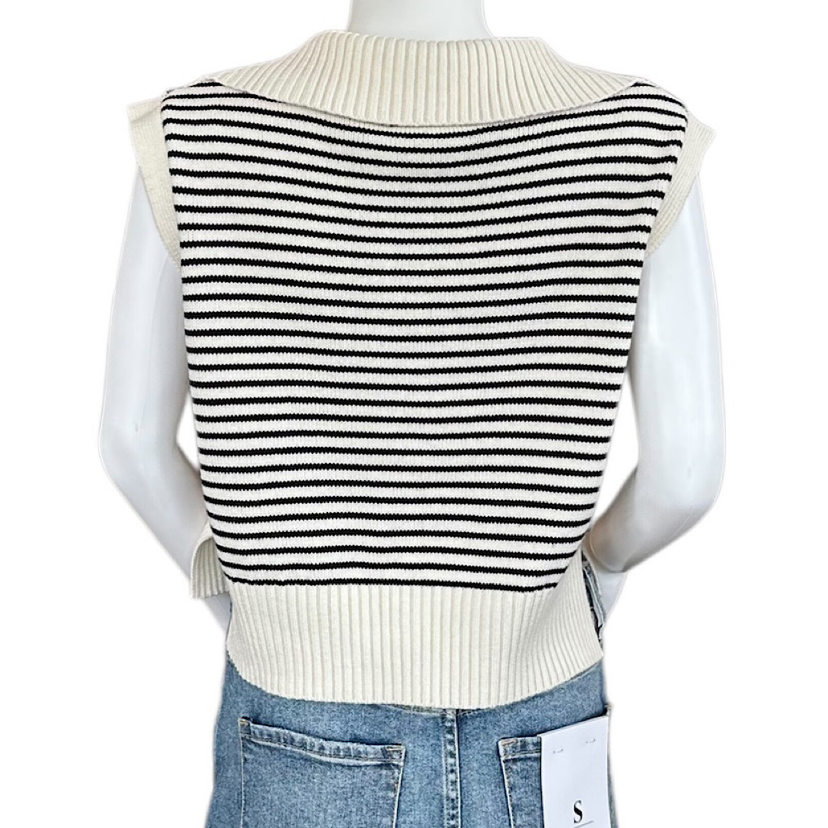 Off White Striped Knit Collared Sleeveless Top