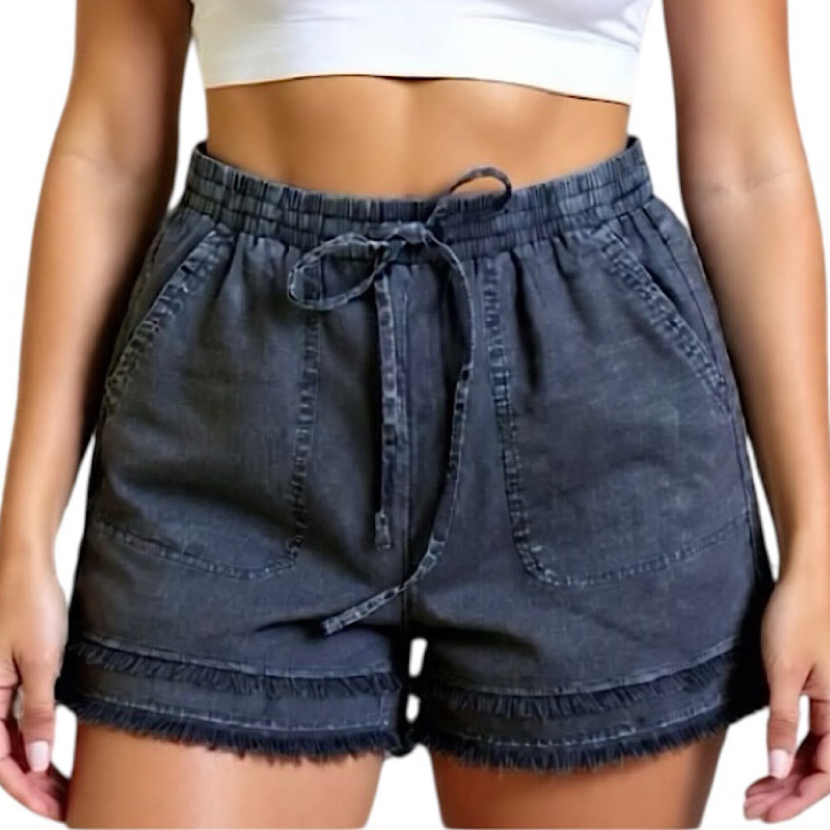 Black Cotton Slub Frayed Shorts