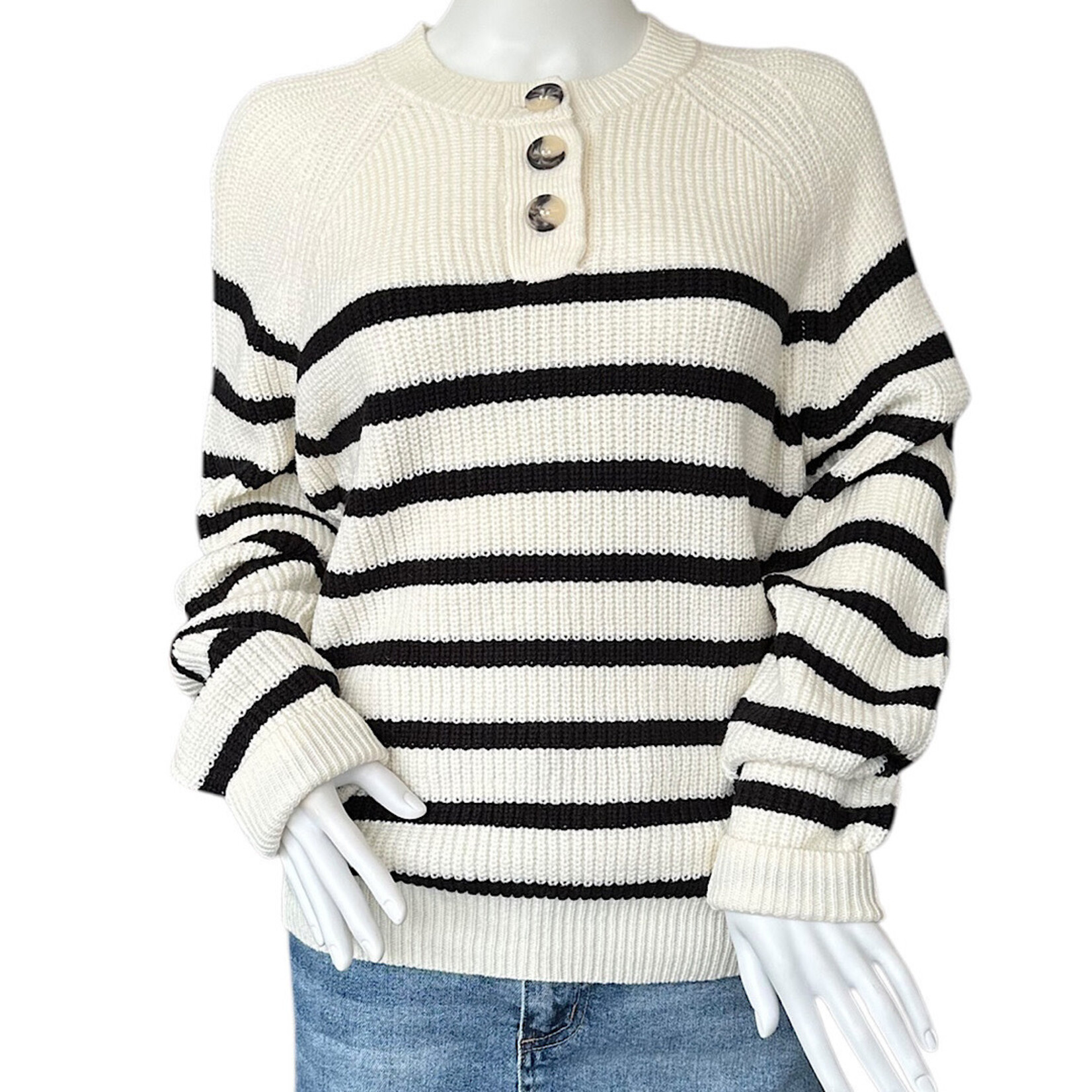 Black/Cream Striped Henley Sweater