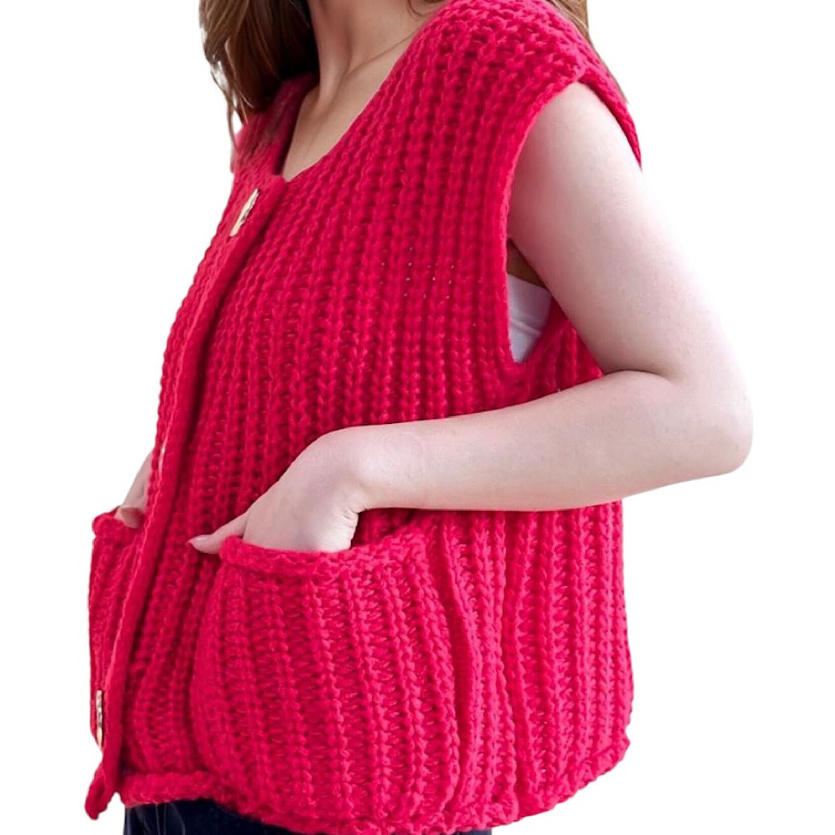 SweetKama Red Crew Neck Crop Sweater Vest