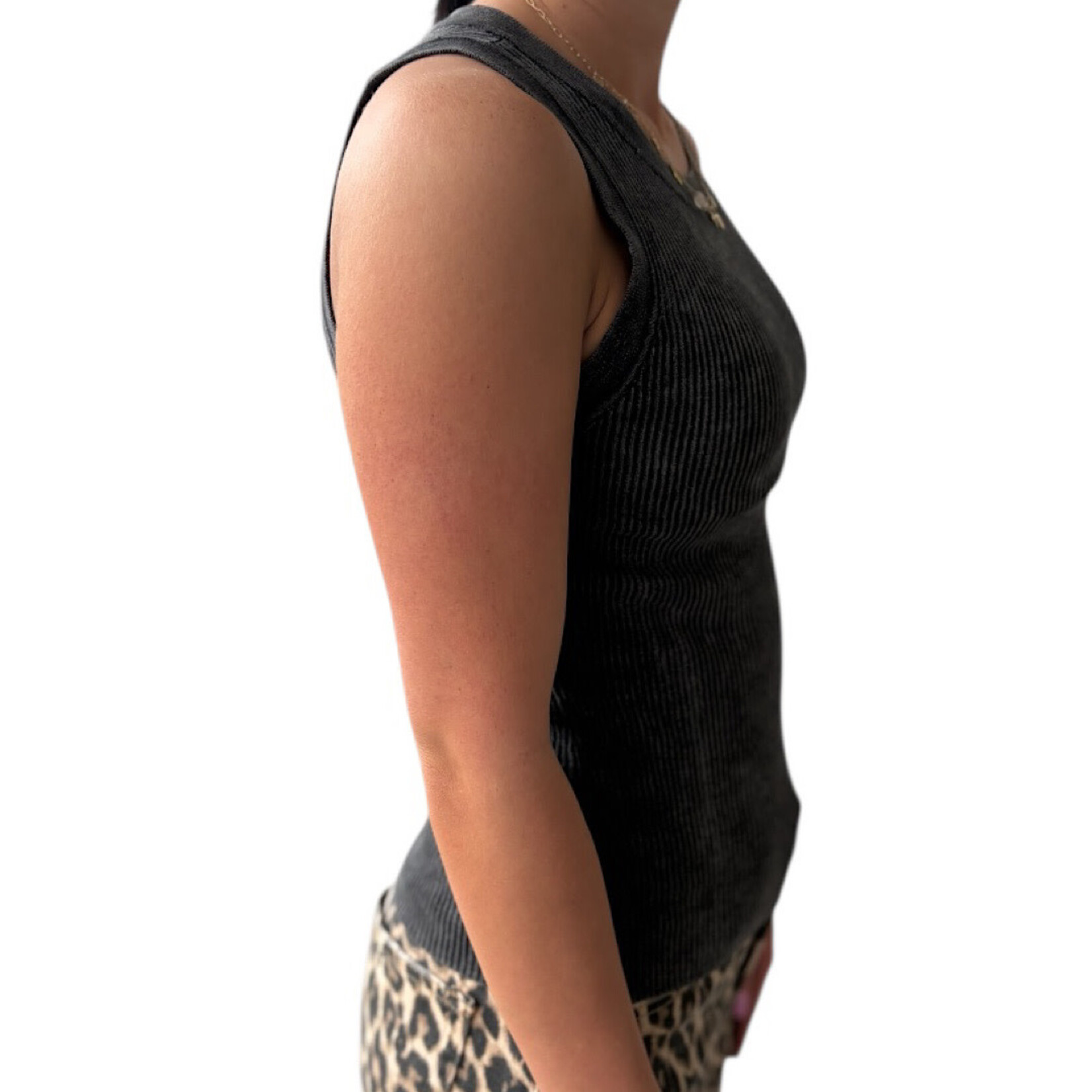 Charcoal Washed Ribbed Sleeveless Knit Tank Top