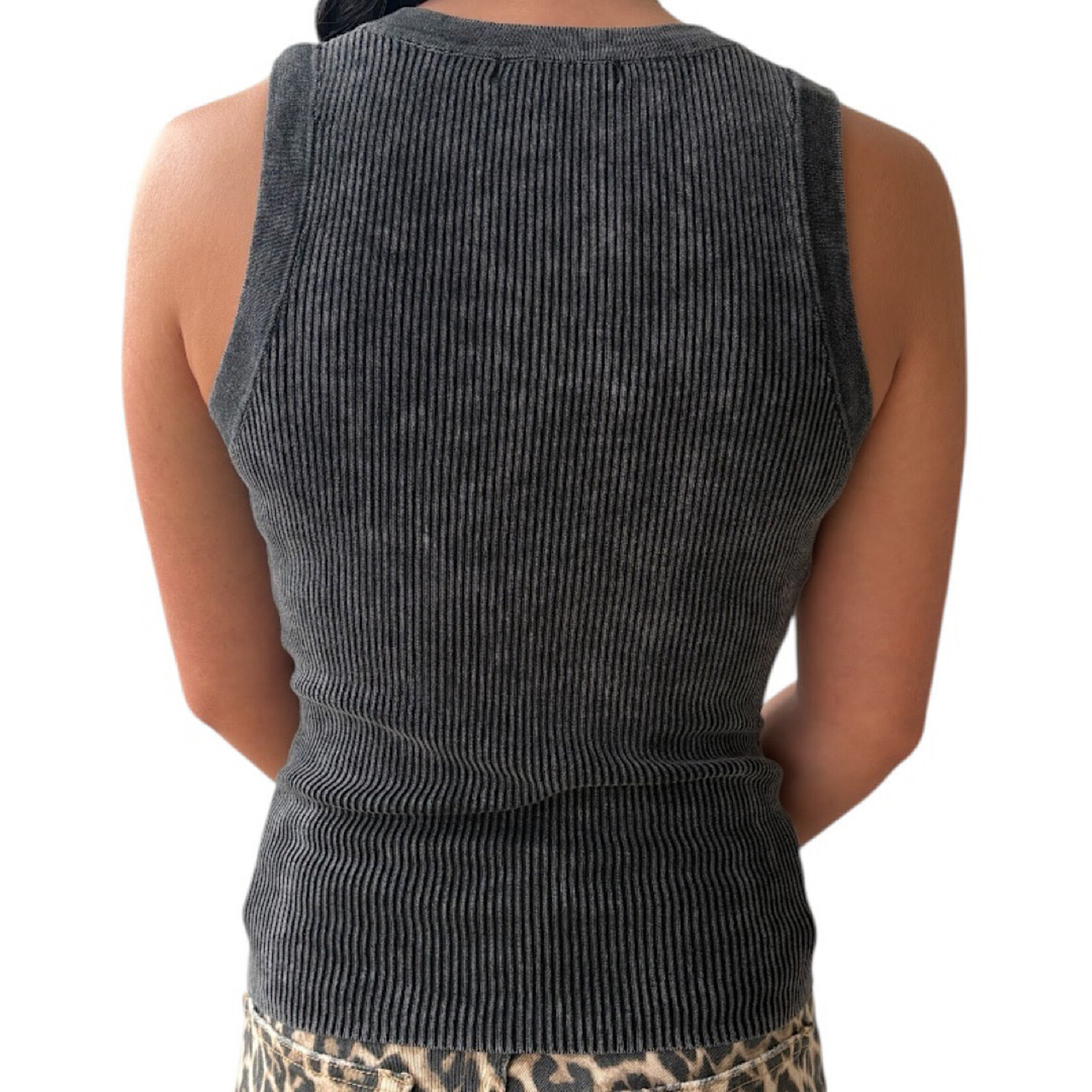 Charcoal Washed Ribbed Sleeveless Knit Tank Top