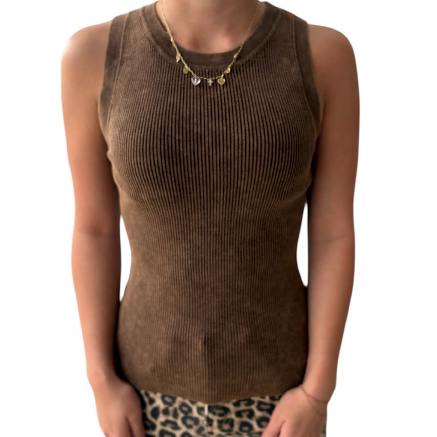 Brown Washed Ribbed Sleeveless Knit Tank Top