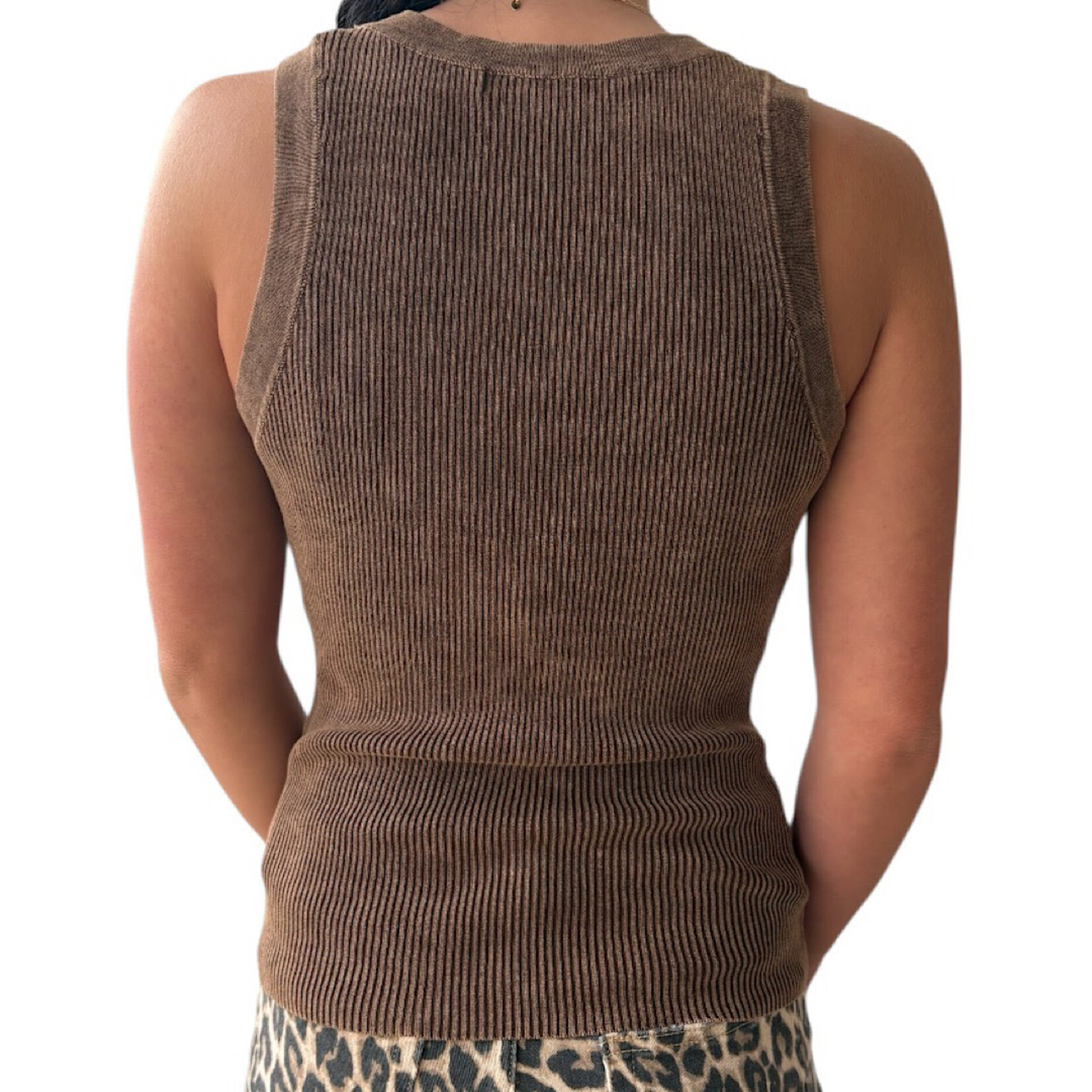 Brown Washed Ribbed Sleeveless Knit Tank Top