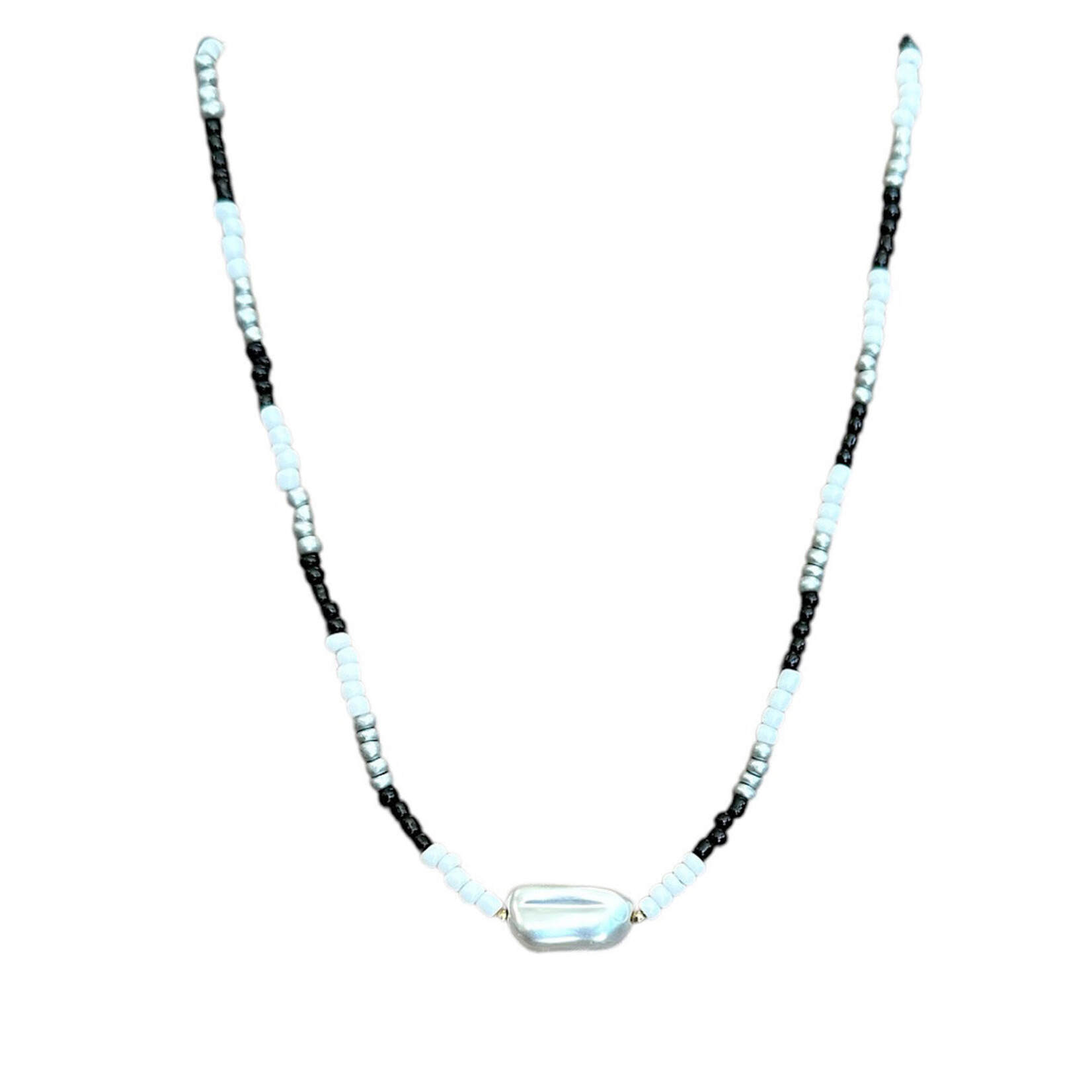 Zebra Beaded Necklace with Stone Pendant