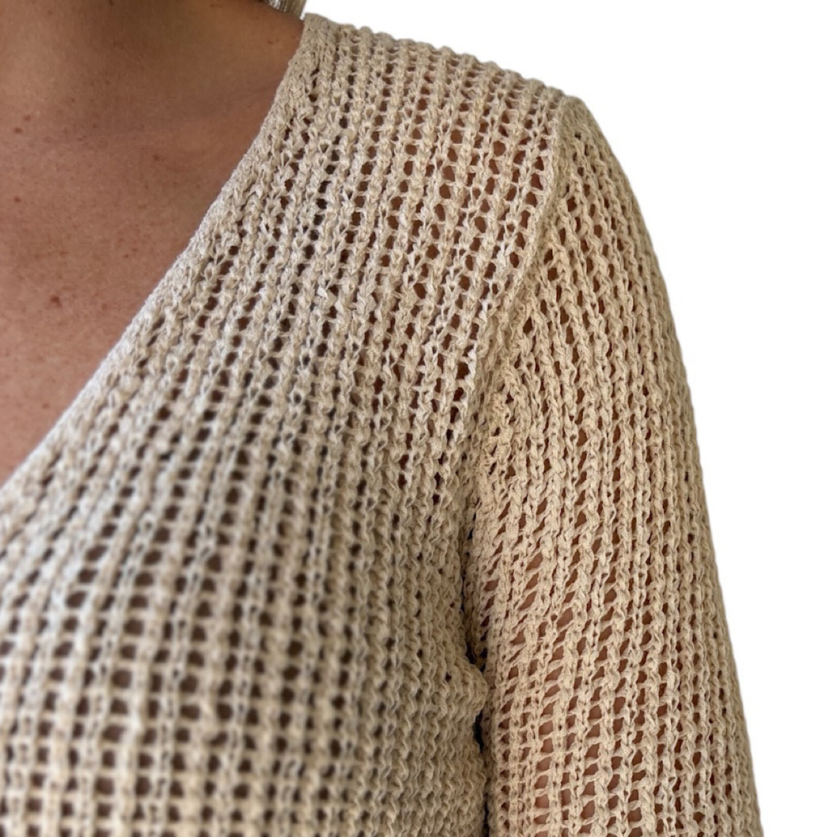 Natural Bell Sleeve Front Button Crochet Knit Cardigan