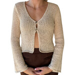 Natural Bell Sleeve Front Button Crochet Knit Cardigan