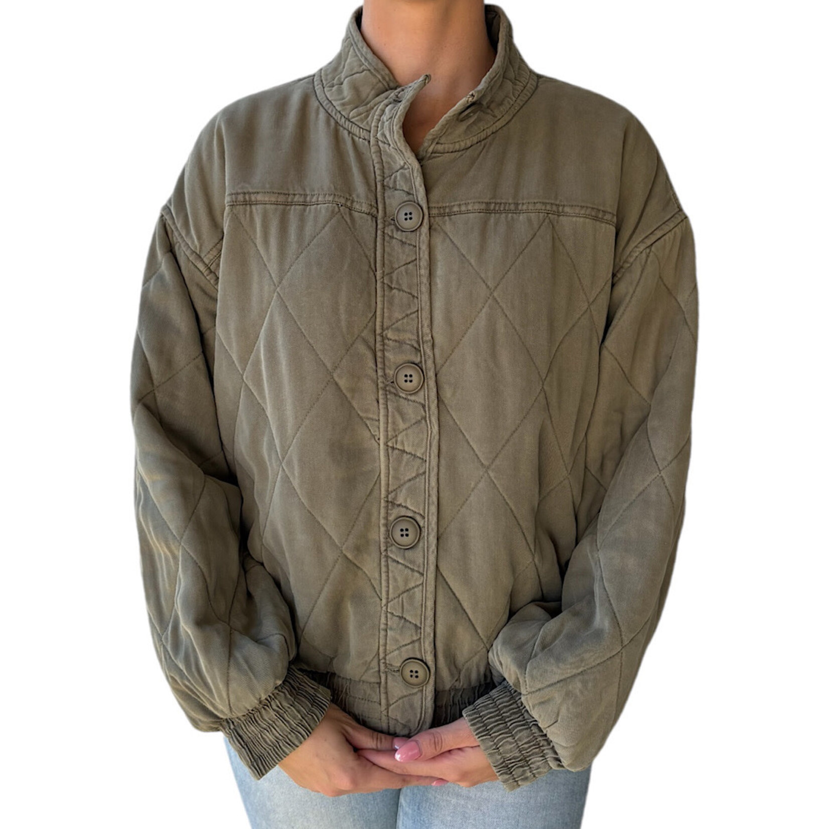 Olive Washed Quilted Button Down Jacket