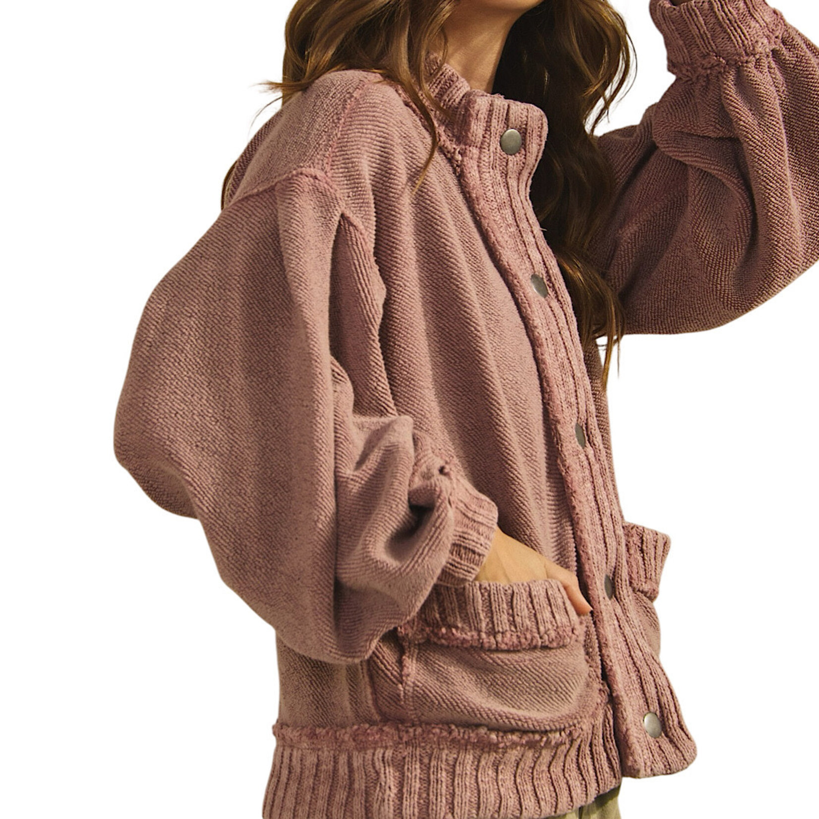 Mocha Musse Washed Vintage Ribbed Knit Trim Cardigan Jacket