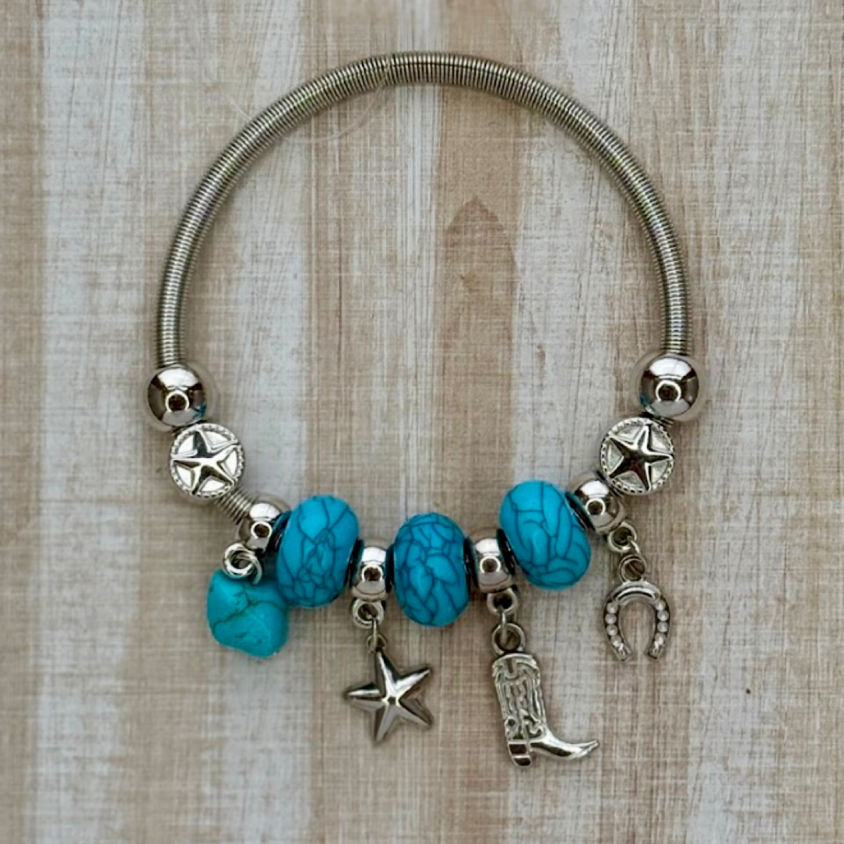 Western Silver\Turquois Charm Stretch Bracelet
