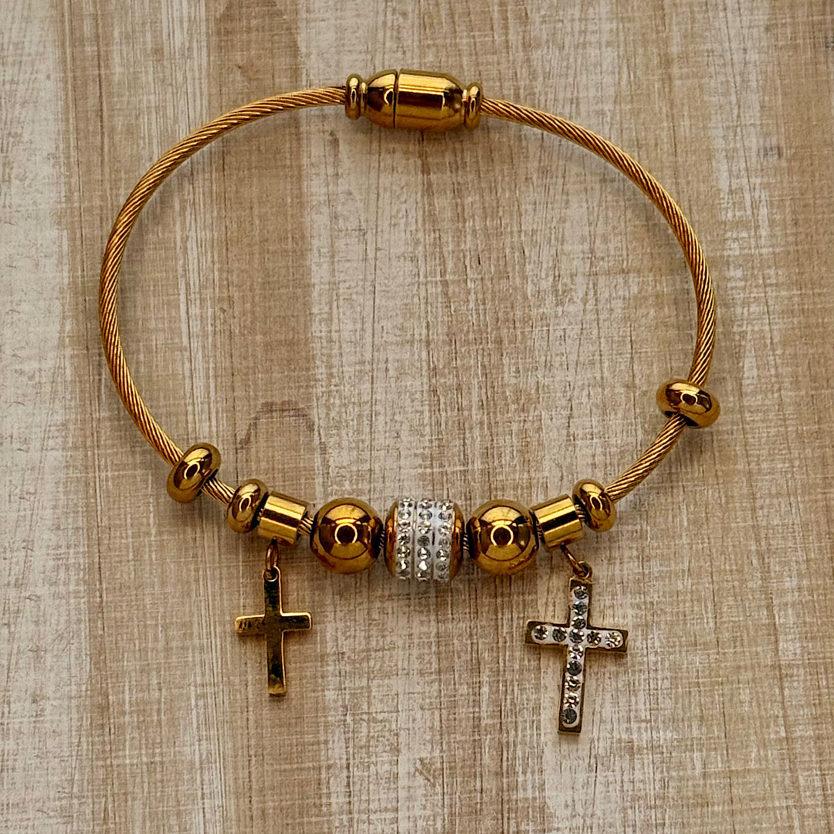 Gold Tone Stainless Steel Cross Charm Bracelet