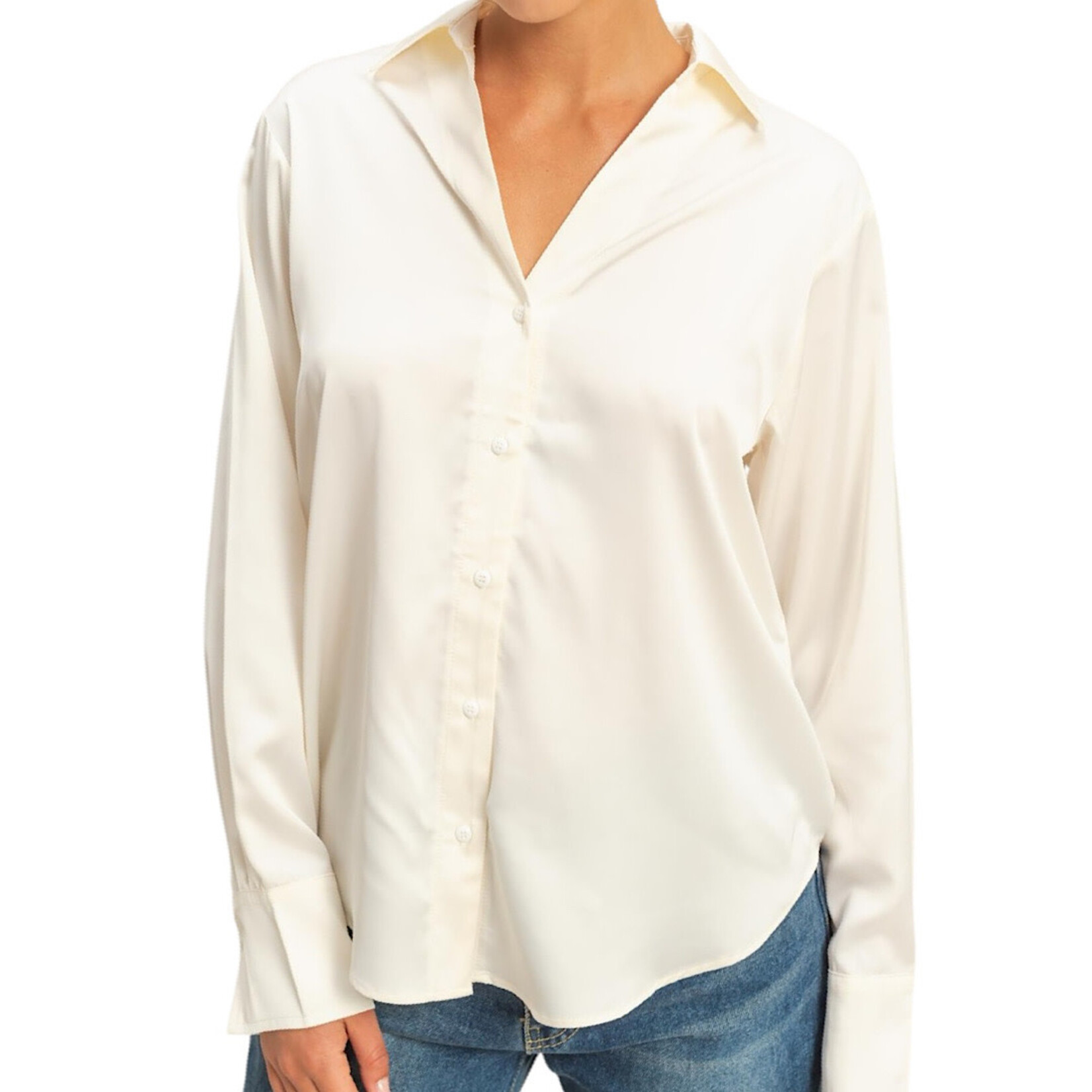 Whip Cream Collared Satin Button Up Shirt