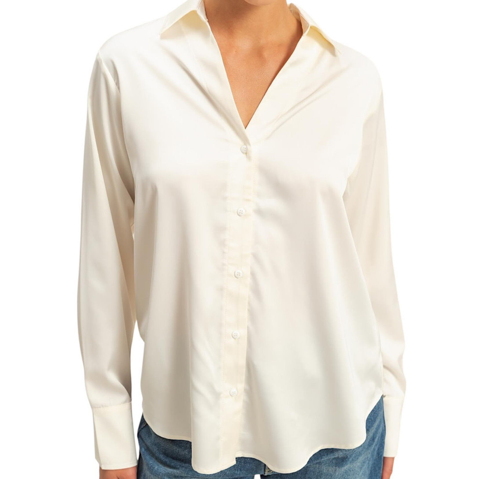 Whip Cream Collared Satin Button Up Shirt