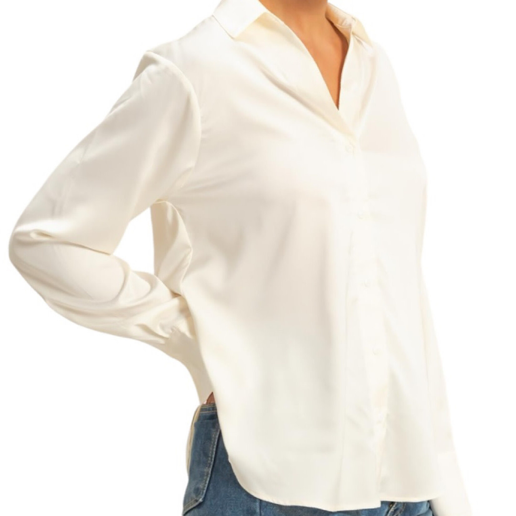 Whip Cream Collared Satin Button Up Shirt