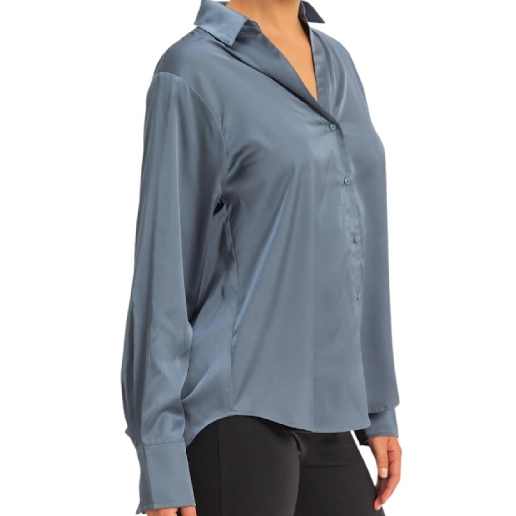 Dusty Navy Collared Satin Button Up Shirt